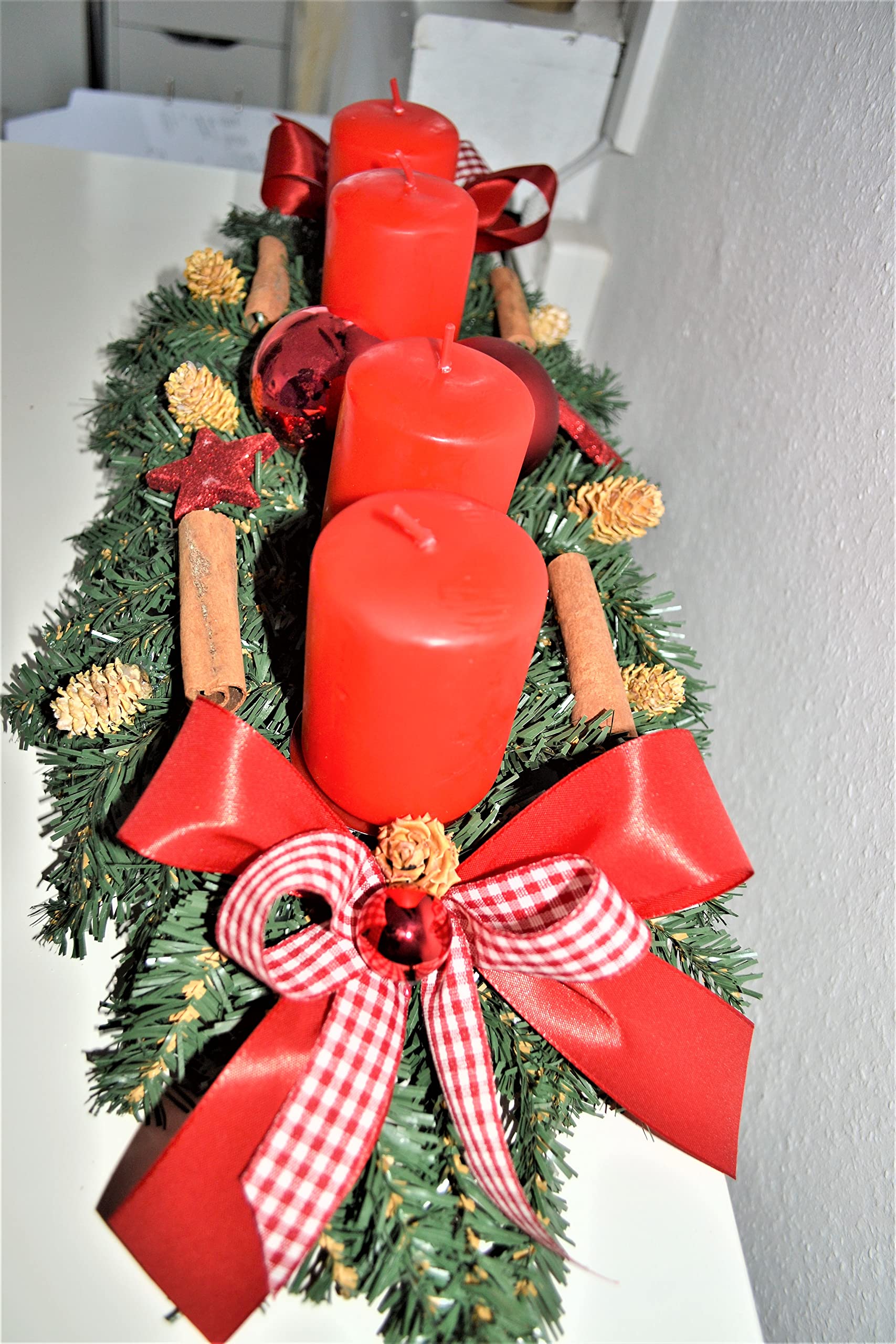 Adventskranz künstlich Landhaus rot länglich 60 cm Weihnachten Advent Gesteck
