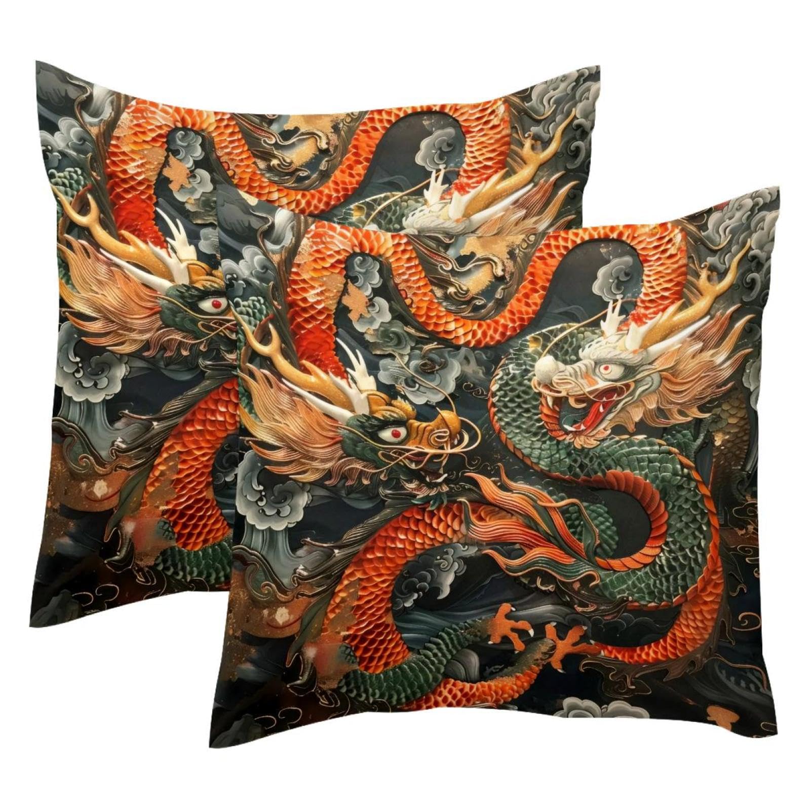 Housse de coussin en velours doux motif dragon chic pour salon moderne | Lot de 2 de 50x50 cm