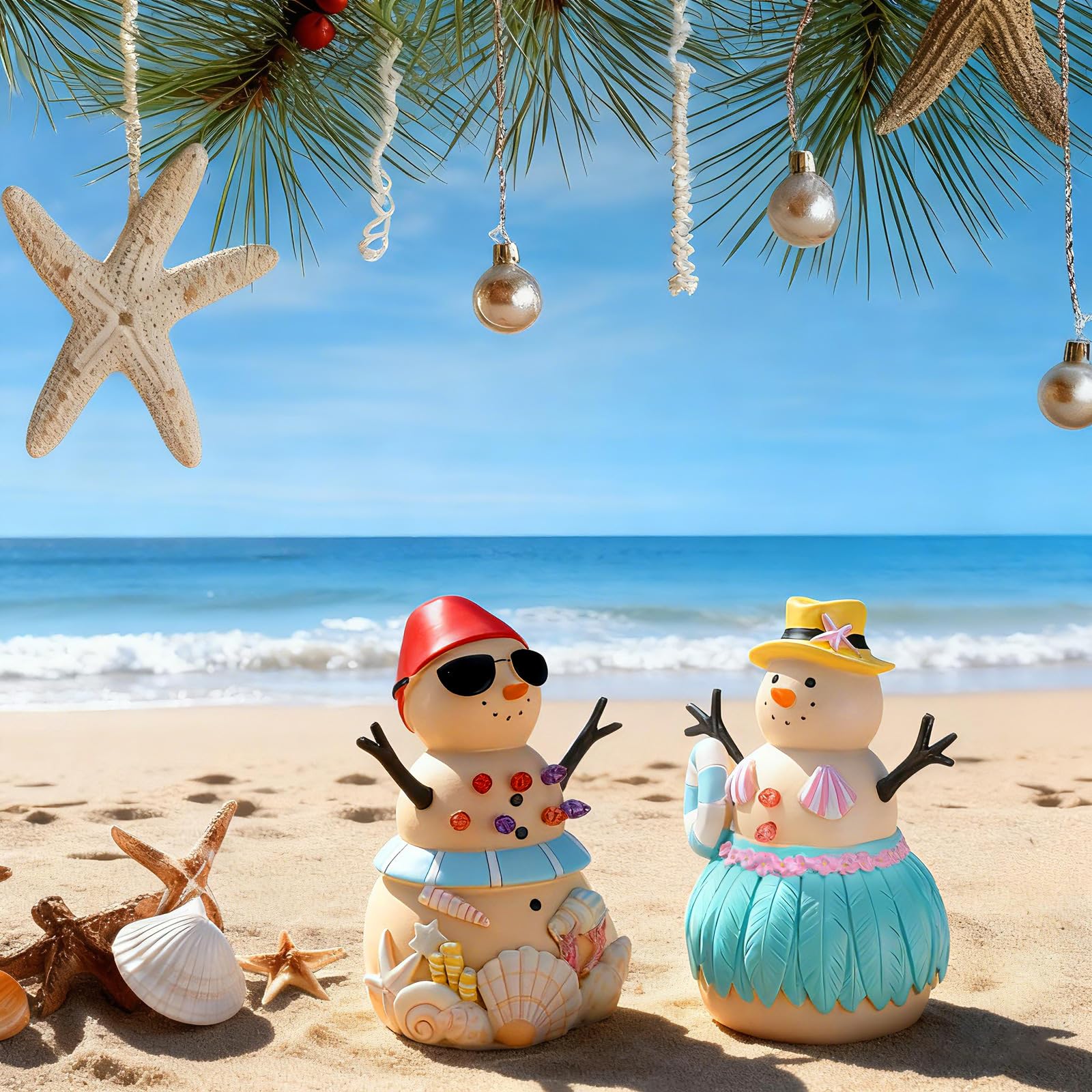 Bucherry 2 figuras de muñeco de nieve de playa con luz de resina de Navidad, decoraciones de muñeco de nieve costero, centros de mesa de Navidad, para el hogar, 3.5 x 3.5 x 5.9 pulgadas
