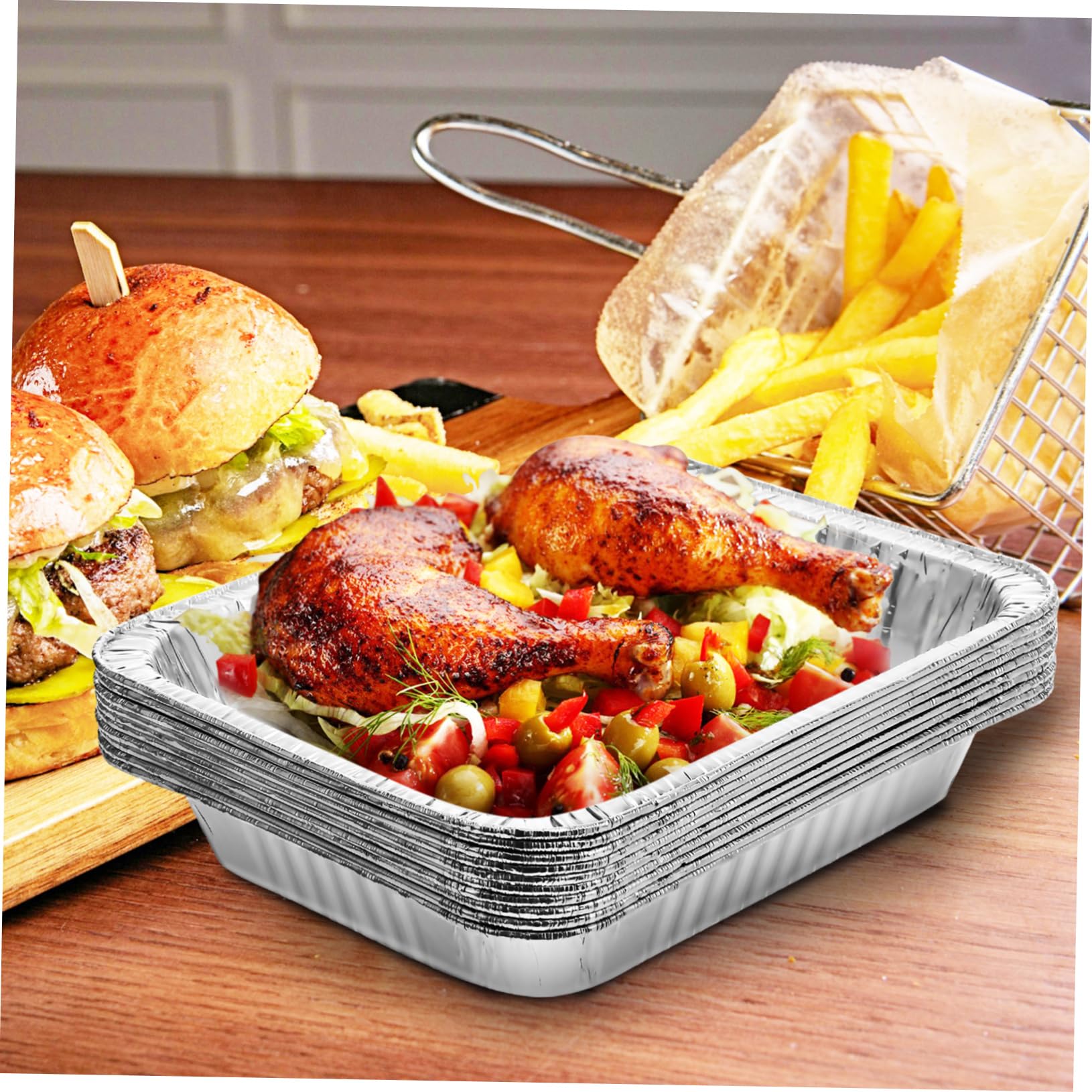 Paquete de 10 Bandejas de Aluminio de Profundidad para Hornear y Cocinar Alimentos, Desechables y Fáciles de Usar para Calentar y Almacenar Comida