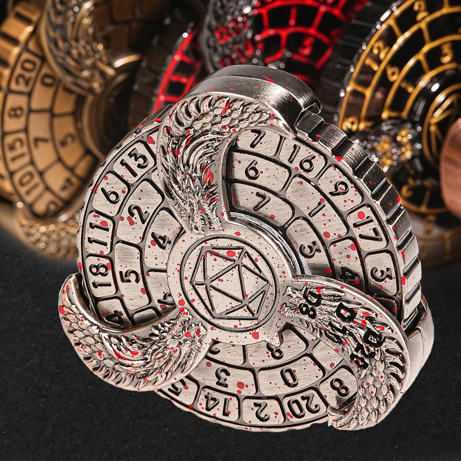 7-in-1 DND Dice Spinner Roulette Dice D&D Polyhedral Metal Dice Rotating Dungeons and Dragons Starter Set with Gift Box Spinning Games for RPG MTG Table Games (Bloodstain)