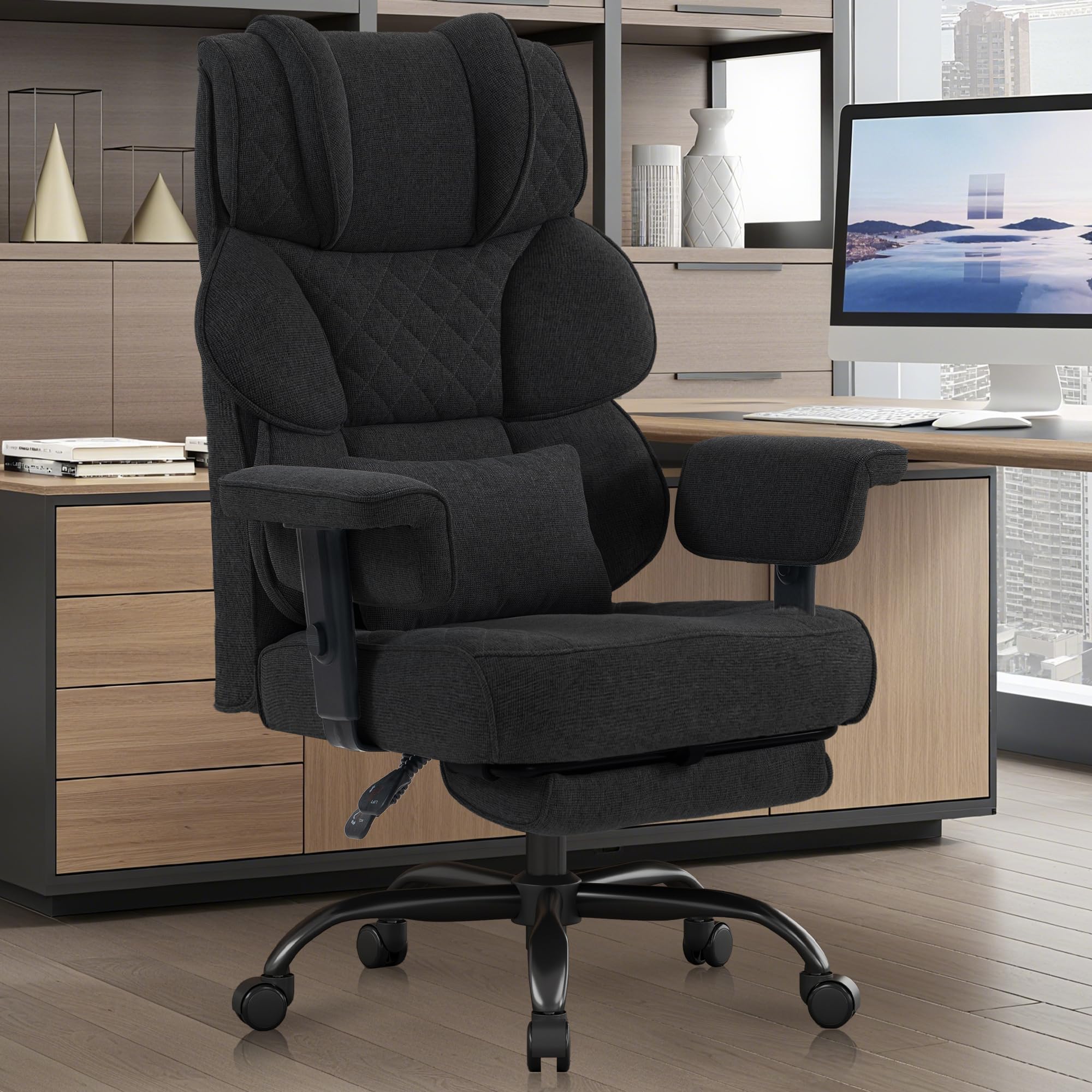 Vonesse Big and Tall Office Chair, Ergonomic Computer Chair with Soft Adjustable Armrests, Gaming Chair with Breathable Linen Design, Executive Chairs with Footrest (Linen Fabric,Black)