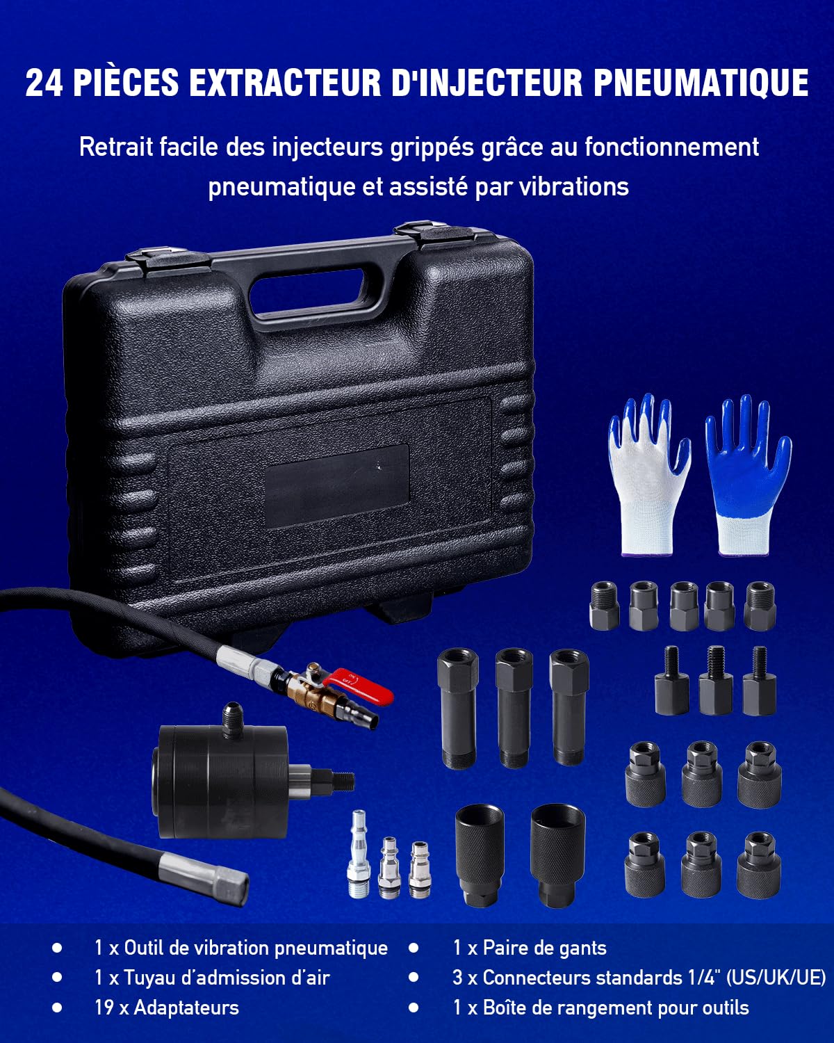 INCENDIOS 24PCS Kit Extracteur d’Injecteurs Diesel Pneumatique, Extracteur Injecteur Pneumatique avec 19 Adaptateurs & 3 Connecteurs 1/4" (US/UK/EU), Extracteur à Air Comprimé Injecteur 5-8 Bars