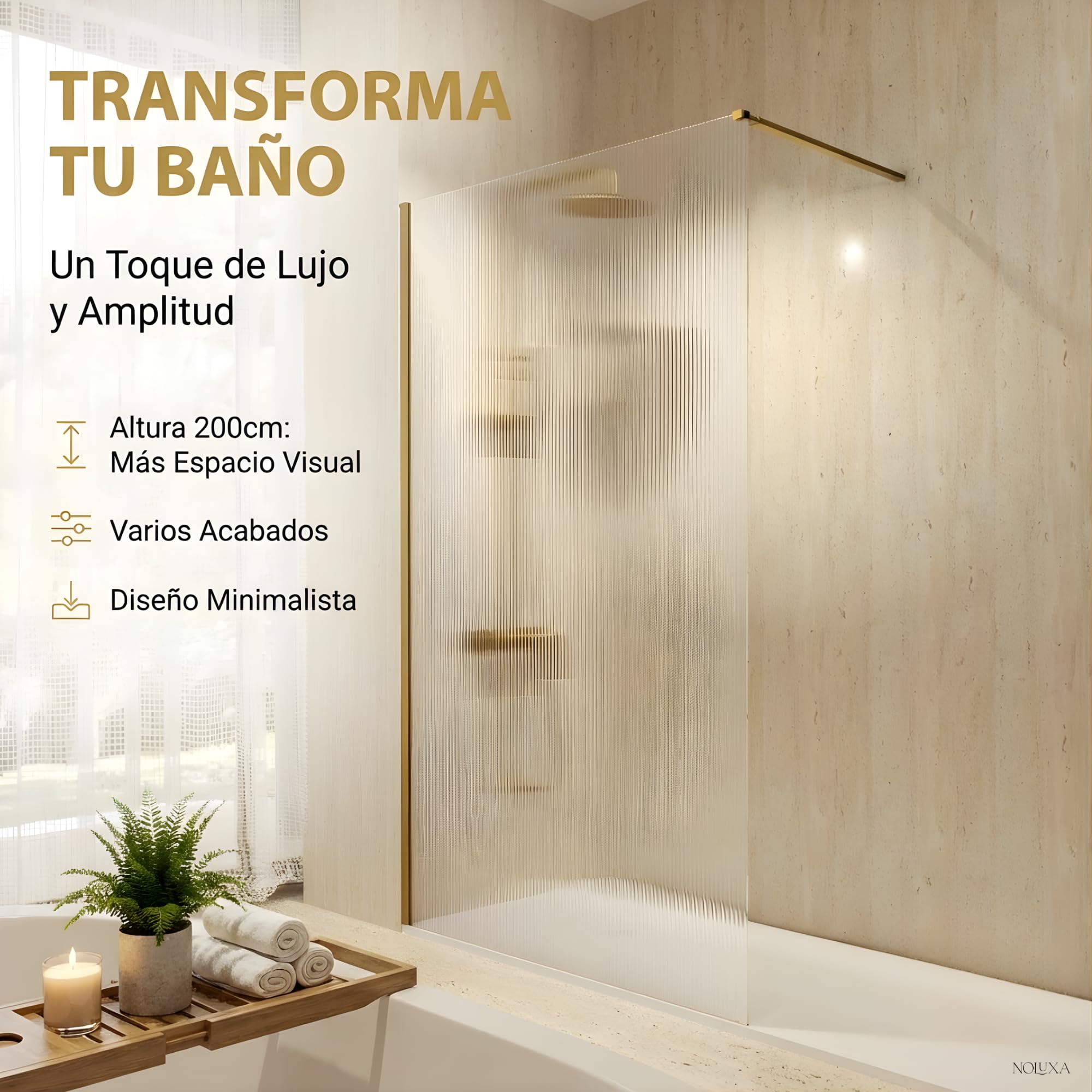 IMEX - Mampara Ducha Fija Dorada 80cm Frontal con Brazo de Sujeción | Mampara de Cristal Antical y Perfilería de Aluminio con 200cm de Altura | Vidrio con Grosor 8mm y Sistema de Montaje Fácil