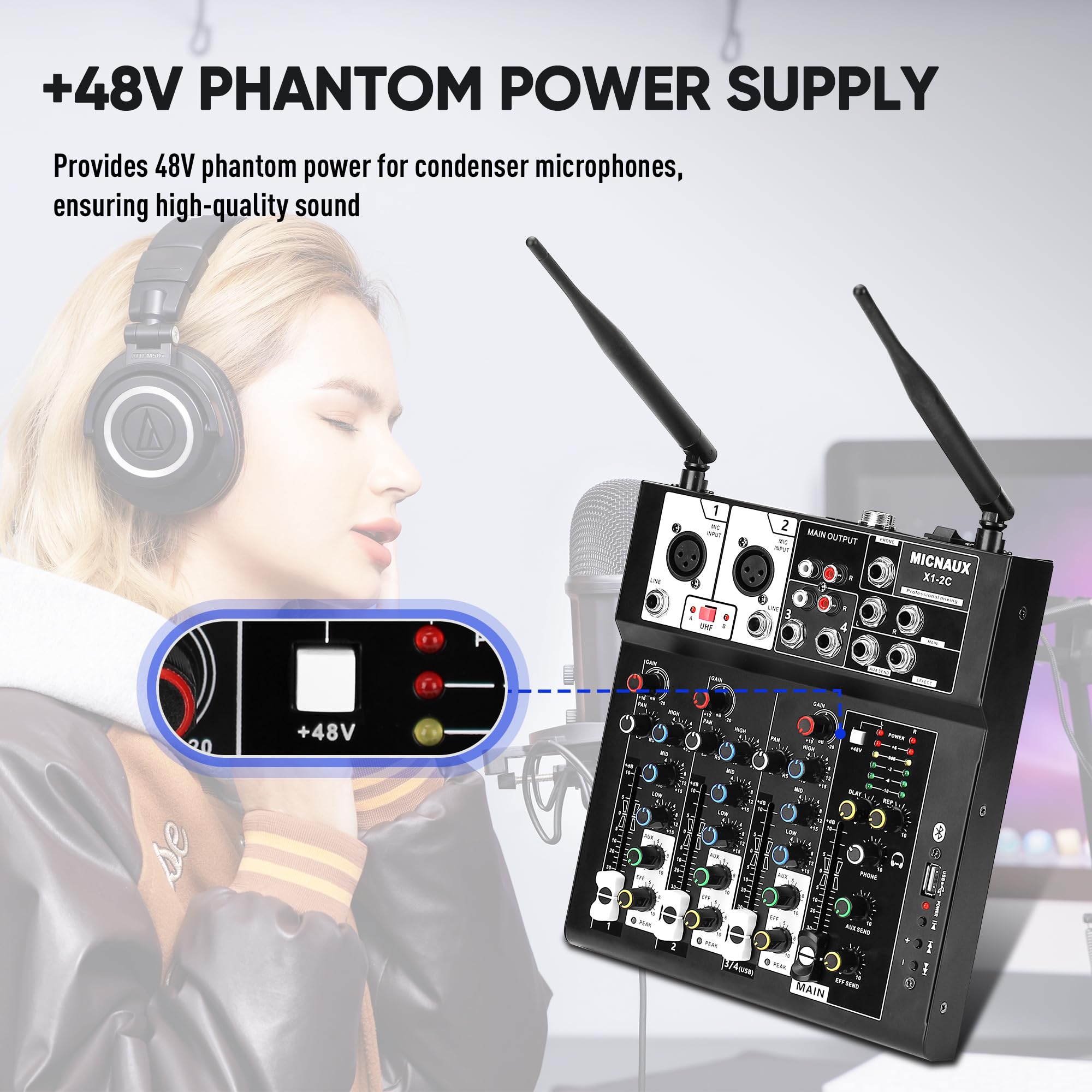4-kanałowy mikser audio, mikser do karaoke z dwoma mikrofonami bezprzewodowymi, profesjonalna płyta dźwiękowa, konsola miksująca DJ, MP3, Bluetooth, 48 V, zasilanie fantomowe, interfejs USB