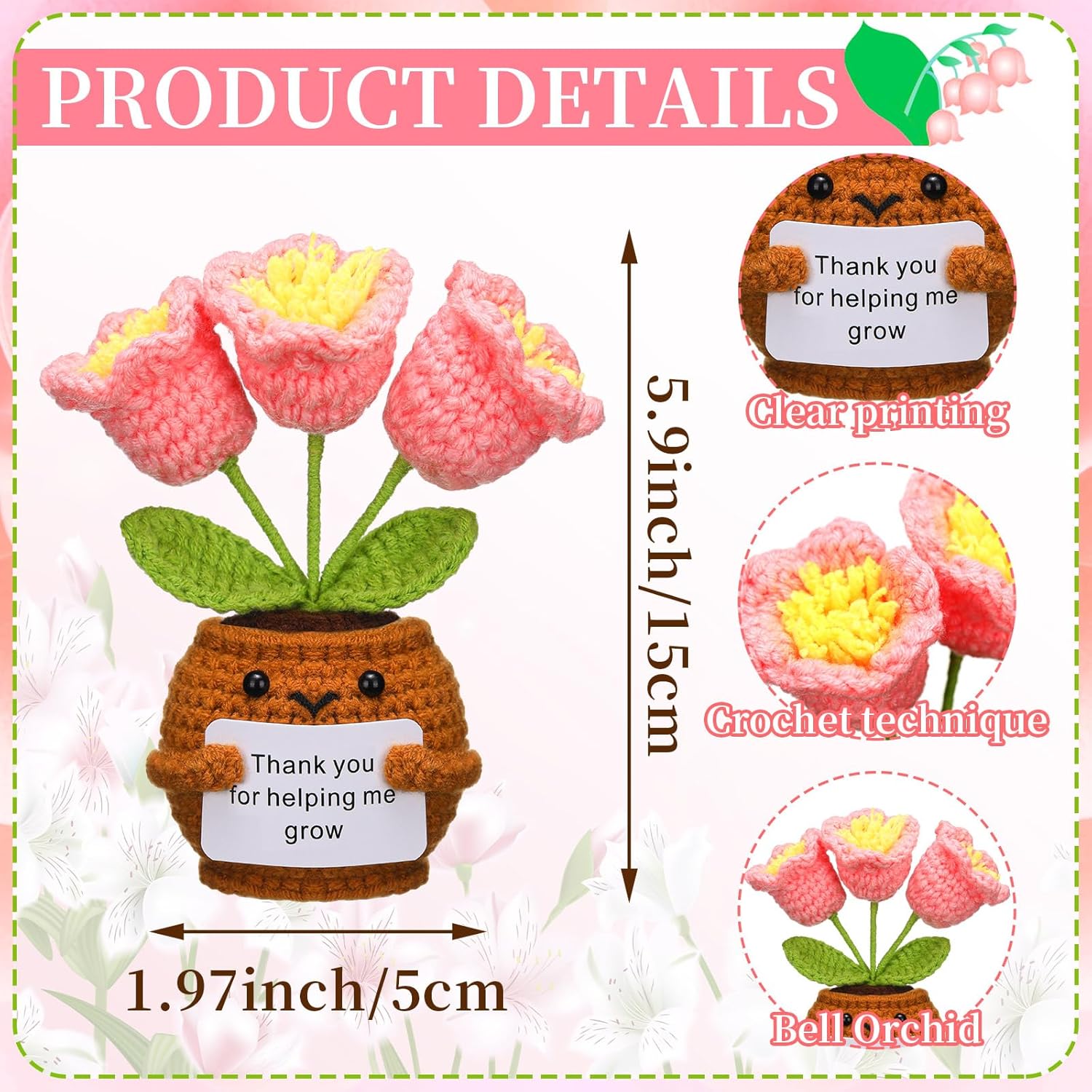 Valentine's Day Teacher Appreciation Gifts Thank You for Helping Me Grow Handmade Crochet Flower Doll with Card for Teacher Graduation Gifts Office Decor(Bell Orchid) - Image 2