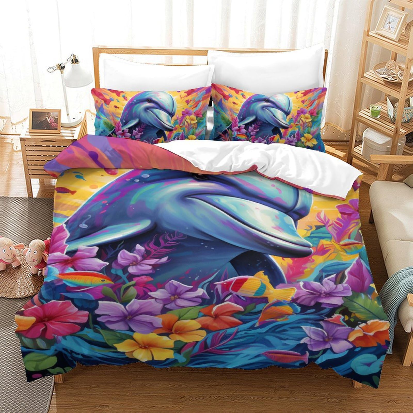 Housse de couette dauphin 140x200 en microfibre pour lit enfant 3 pièces