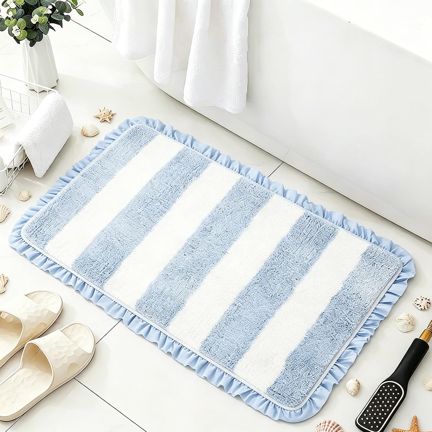 JarThenaAMCS Ruffled Bathroom Rug 32 x 20 Blue White Striped Bath Mat Soft Absorbent Bath Rug with Non-Slip Backing Cute Aesthetic Preppy Room Decor for Coastal Bathroom Tub Floor Carpet Shower
