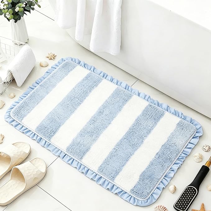 JarThenaAMCS Coastal Scalloped Striped Bath Mat with Ruffled Edges 20 x 32'' Blue White Bathroom Rug Cute Microfiber Aesthetic Bath Mat Non Slip Washable Absorbent Ocean Room Decor for Summer Gift