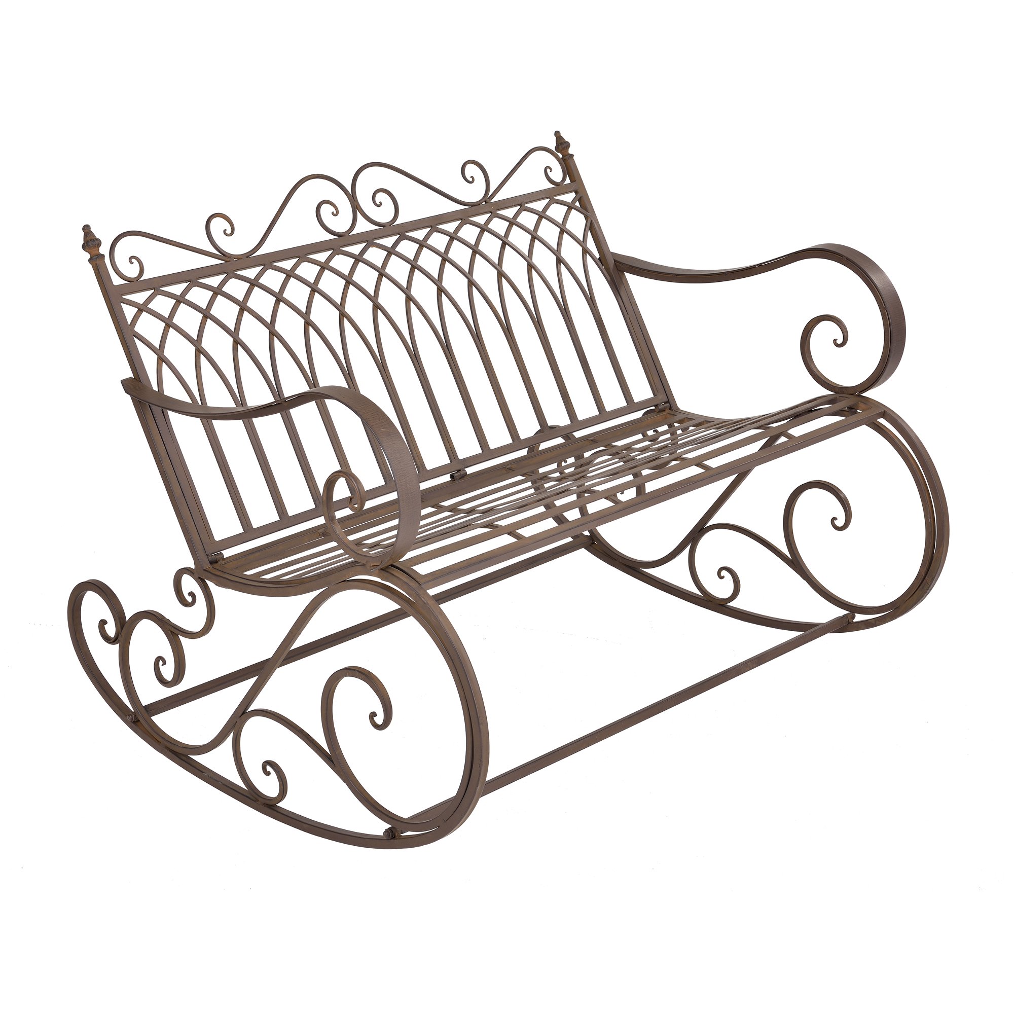 [en.casa] Panca a Dondolo da Giardino in Metallo Stile Vintage Panchina da Esterno a 2 Posti di Seduta con Schienale Decorativo e Braccioli Curvi 85x113x95 cm - Marrone