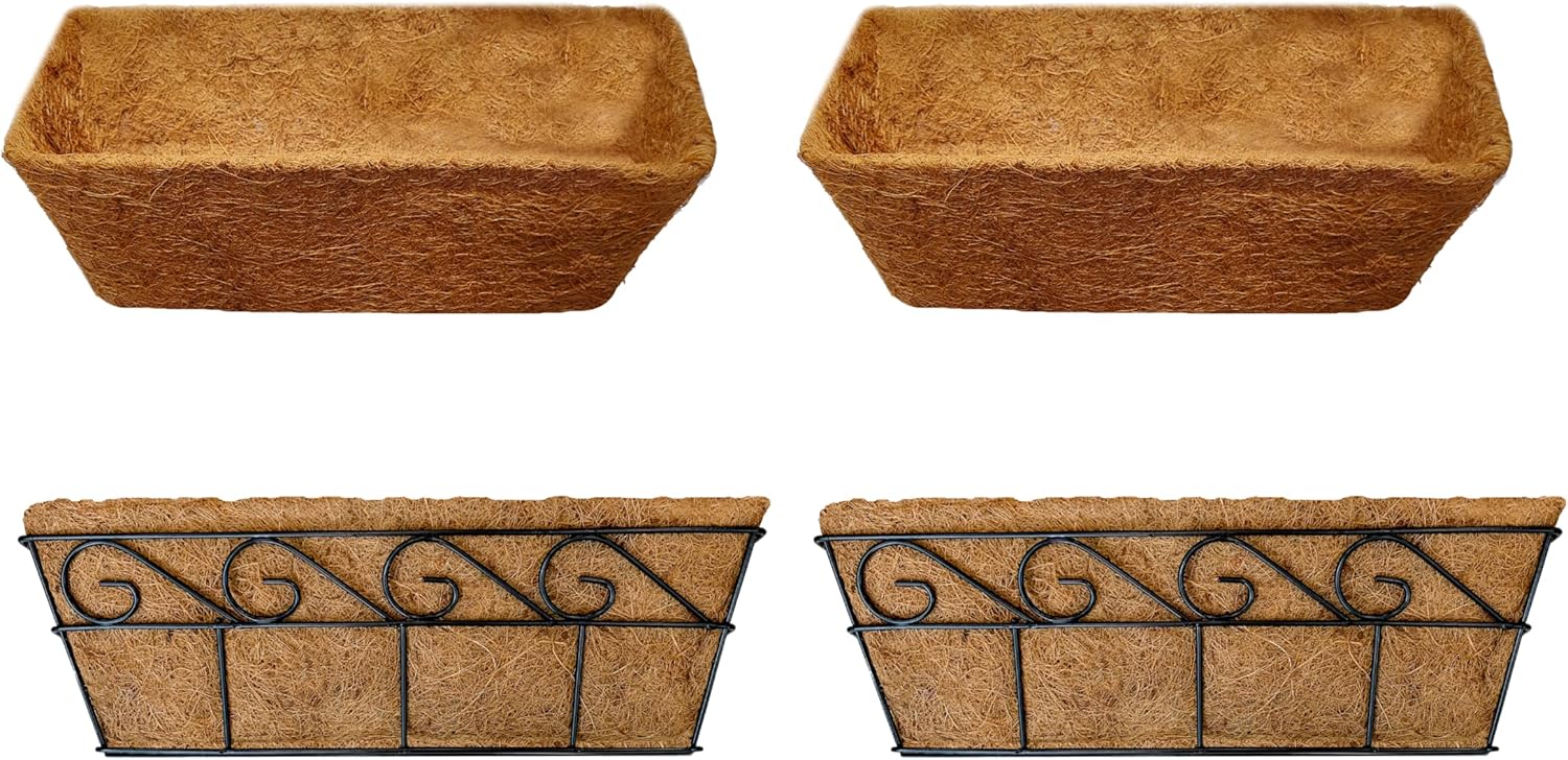 LaLaGreen 16" (2 Pack, Rectangular) Trough Coco Liners for Planter + 16'' (2 Pack, Rectangular) Window Flower Boxes Basket Attach to House, Deck Railing Strawberry Planters with Coco Liners BalconyTro