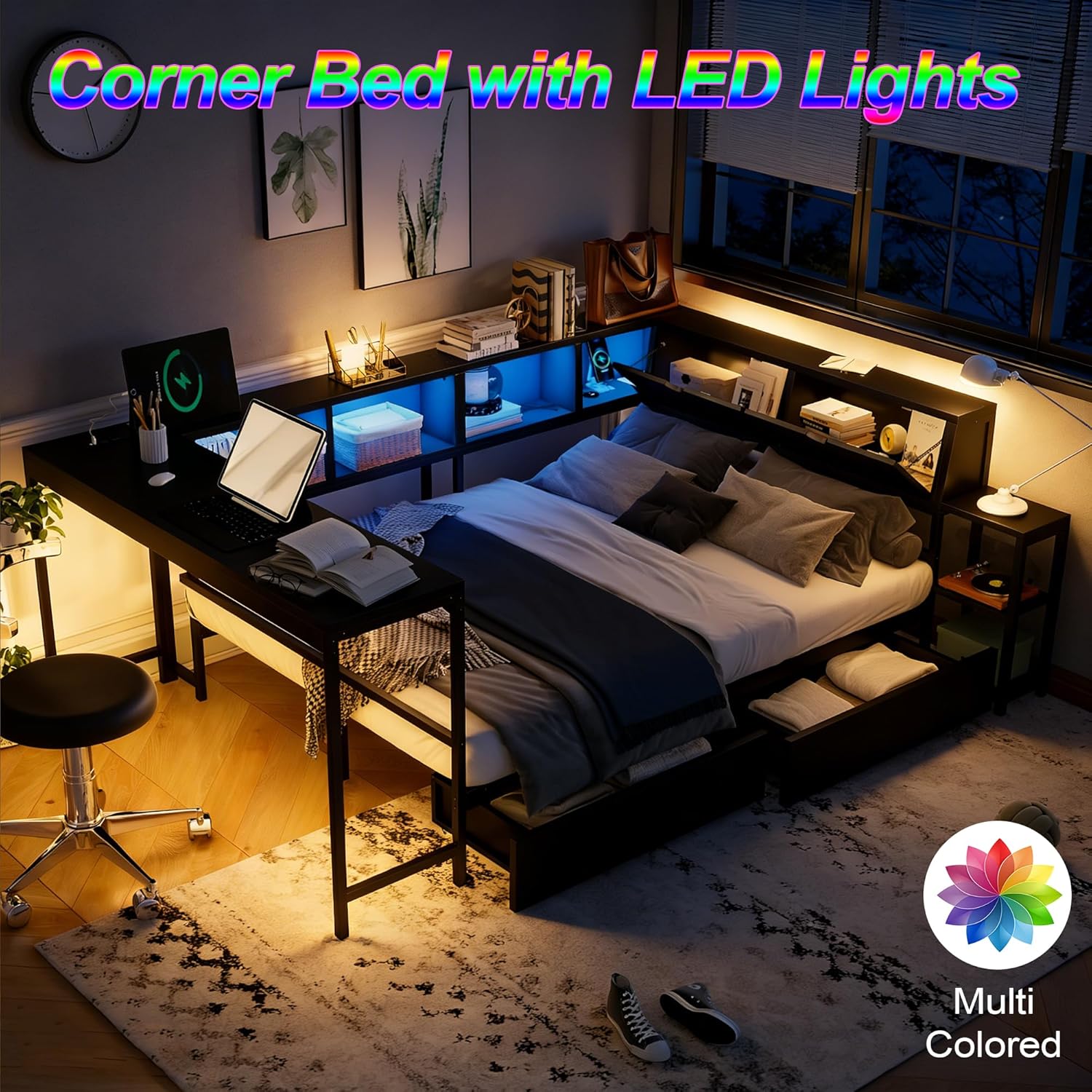 Bellemave Full Size Corner Bed Frame with Desk and Storage Drawers,Full Metal Platform Corner Bed Frame with Charging Station and LED Lights, Full Daybed for Kids Teens Guests,Black