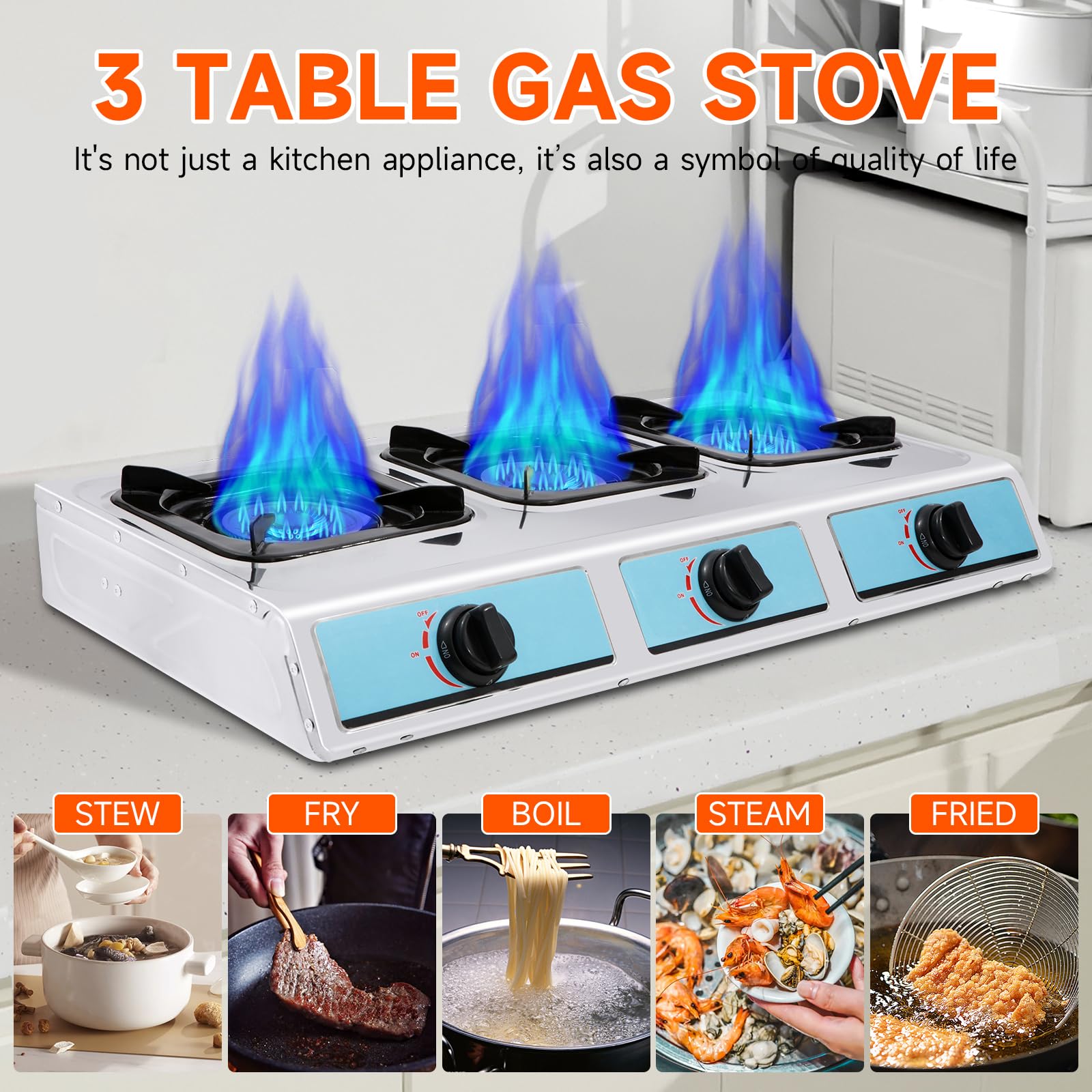 Plaque de Cuisson Gaz 3 Feux Portable, Réchaud a Gaz Intérieur Compatible GPL, Table de Cuisson à Gaz Pour Cuisine Maison, Camping, Jardin Professionnel