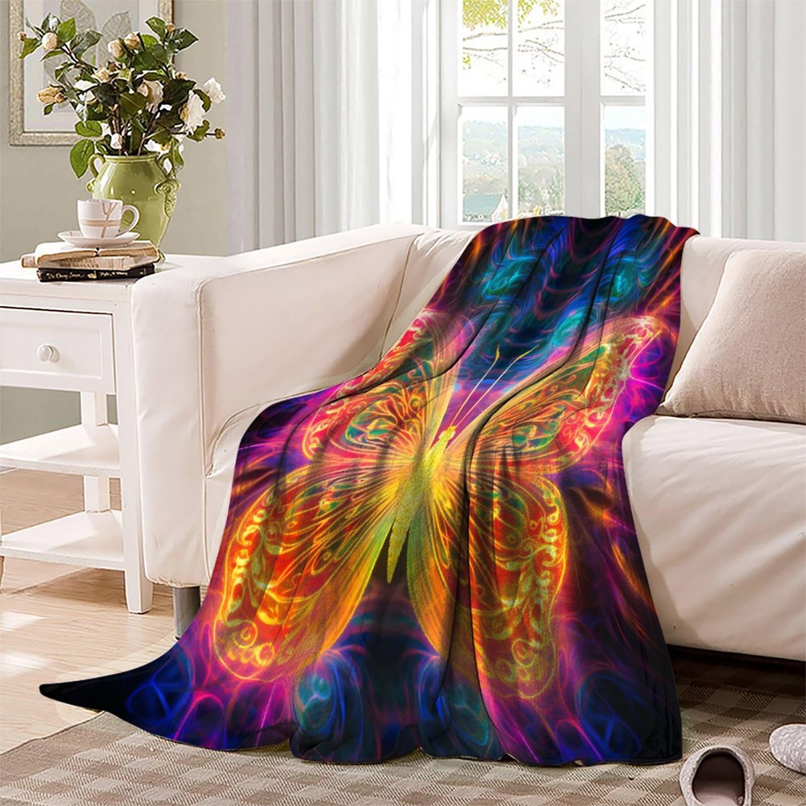 Retro Farfalla neon Coperta in Flanella Con Stampa 3D Peluche Coperte Caldo Morbida Per Ragazzi Adulti Coperta Termica ，per Divano Letto Tutte Le Stagioni 70x80inch(180x200cm)