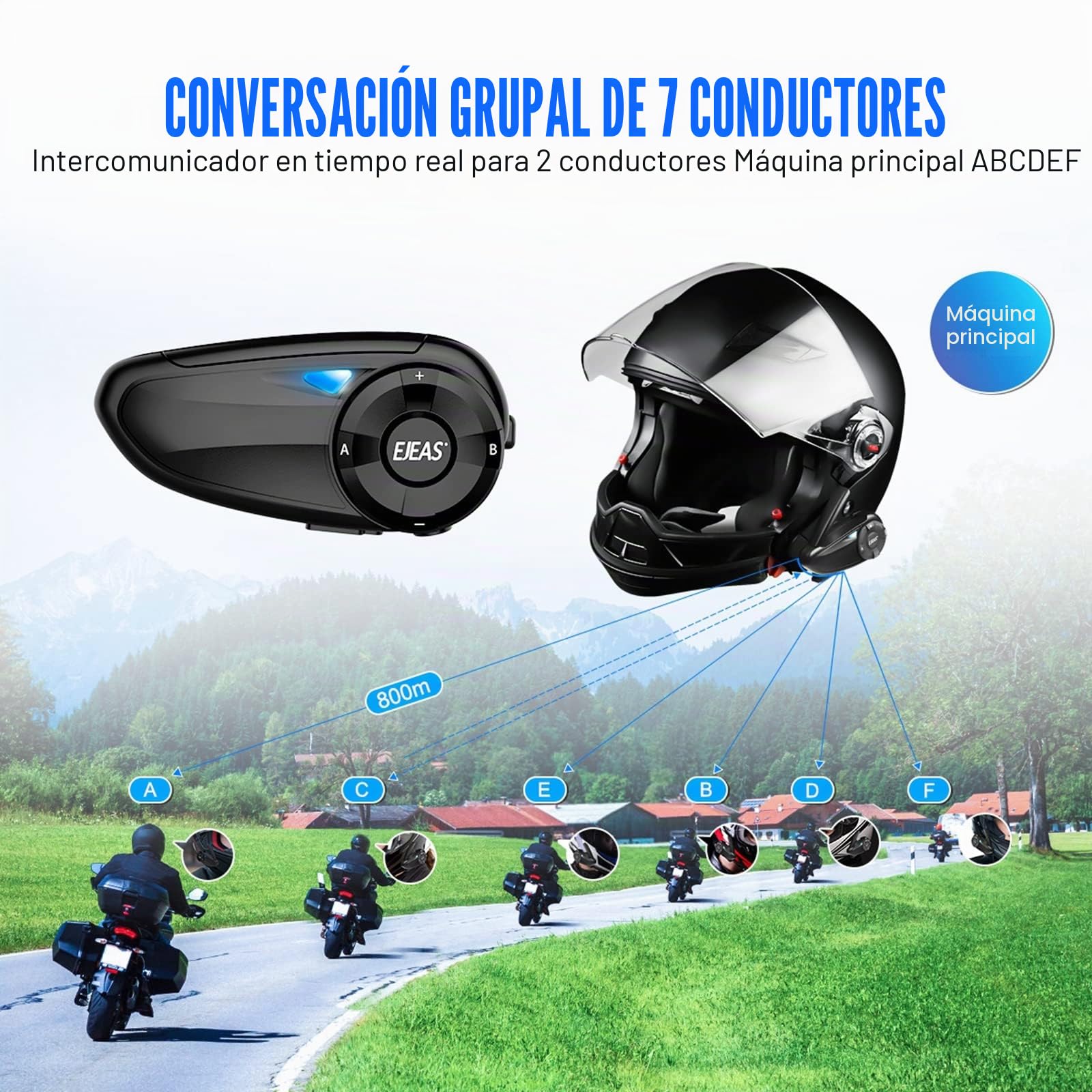EJEAS Q7 intercomunicador Bluetooth de Motocicleta, Distancia de intercomunicación 800m, Puede Realizar hasta 7 Conexiones, 2 Intercomunicadores simultáneos (Q7-2)