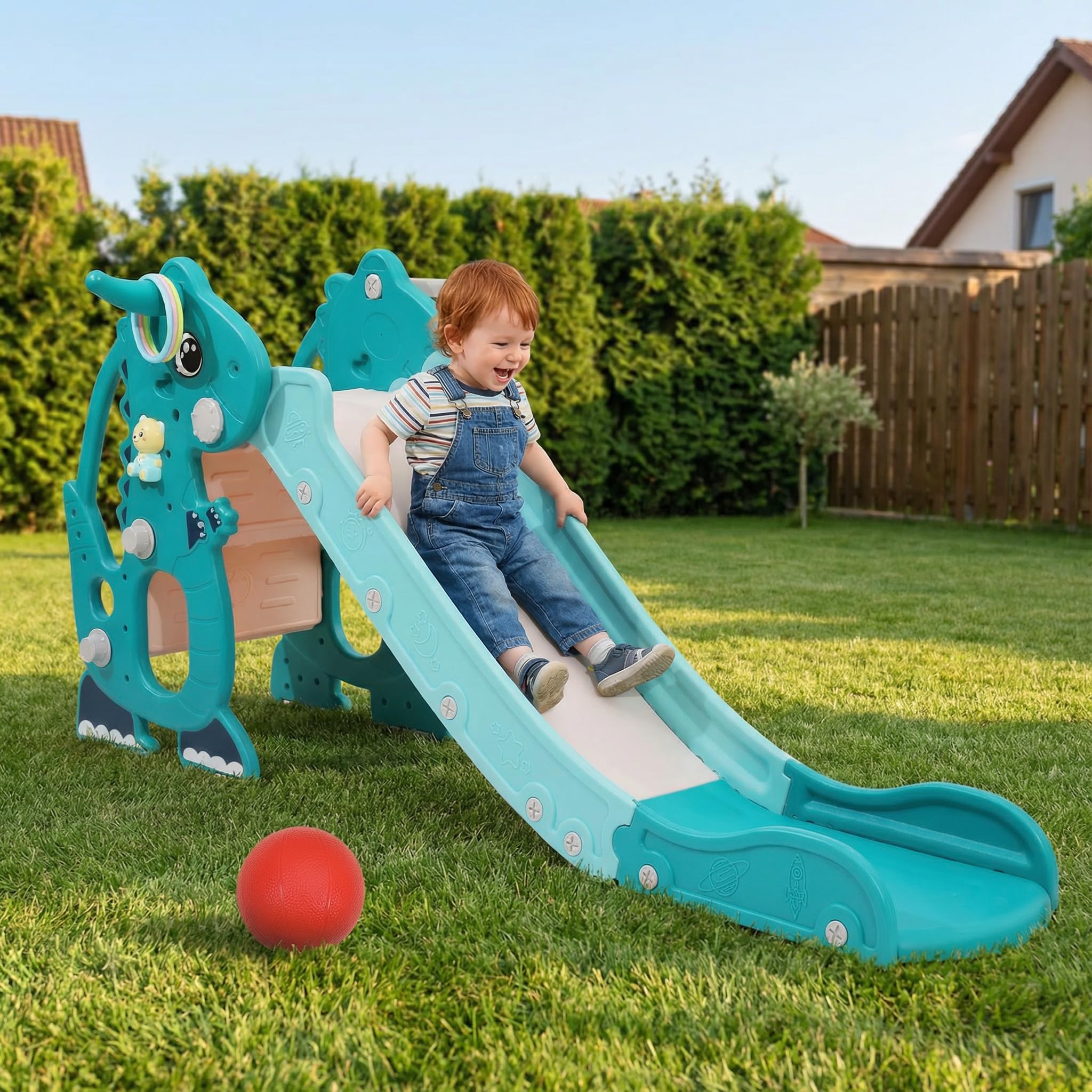 Tobogán infantil 4 en 1 con máquina de aprendizaje temprano inglés, diapositiva divertida para niños a partir de 2 años, para interiores y exteriores, color verde
