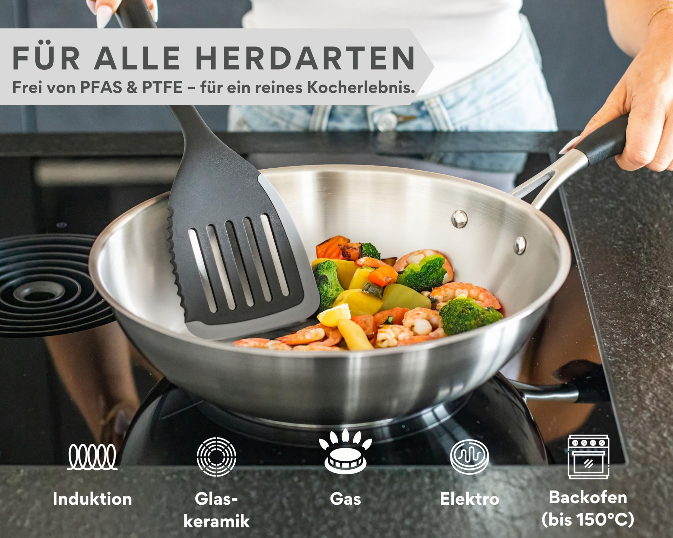 DIVORY Wokpfanne unbeschichtet 28 cm – ohne PTFE/PFOA, Wok Induktion geeignet, für alle Herdarten & Gasherd, große Pfanne aus Edelstahl, spülmaschinengeeignet (PURA, 28cm)