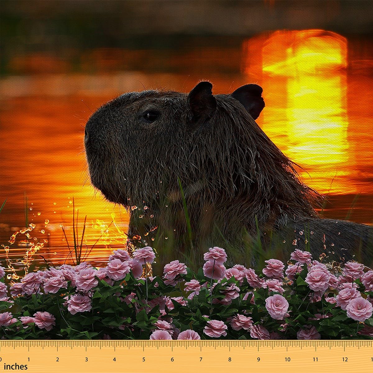 Capybara Fabric by The Yard Kids Capybara Rose Animals Lovers Waterproof Outdoor Fabric Sunset Upholstery Fabric for Chairs Botanical Rose Floral Pink Outdoor Fabric 3 Yards (L276*W150cm)
