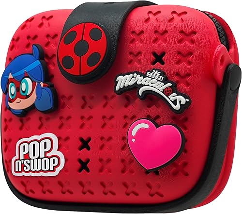 Miraculous Ladybug - Bolso Pop n' Swop, con 4 insignias, asa y cremallera, bolso impermeable ligero y duradero (Wyncor), Rojo -, Mariquita