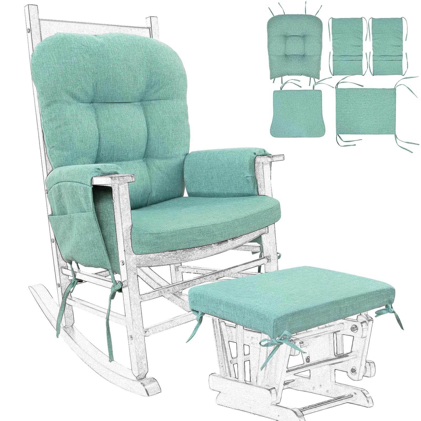 BUYUE Glider Rocker Replacement Cushion 5 PCS with Ties Linen High-Density Foam Non-Slip Washable Rocking Chair Pads for