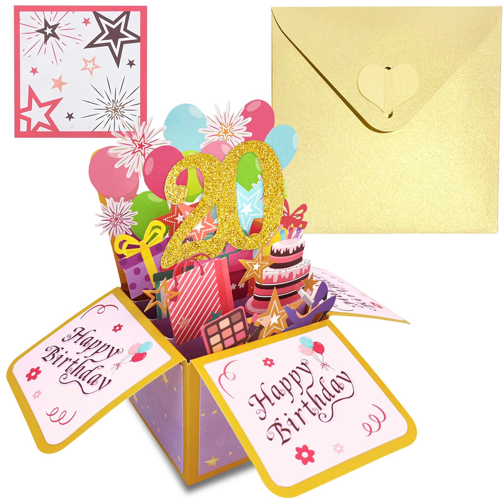 COSORO Pink Gold Pop Up 20th Birthday Card for Girls Her 20 Years Birthday Gifts,Kids 20th Birthday 3D Pop-Up Greeting Card with Note and Envelope for Grandpa Daughter Sister Friend Partner