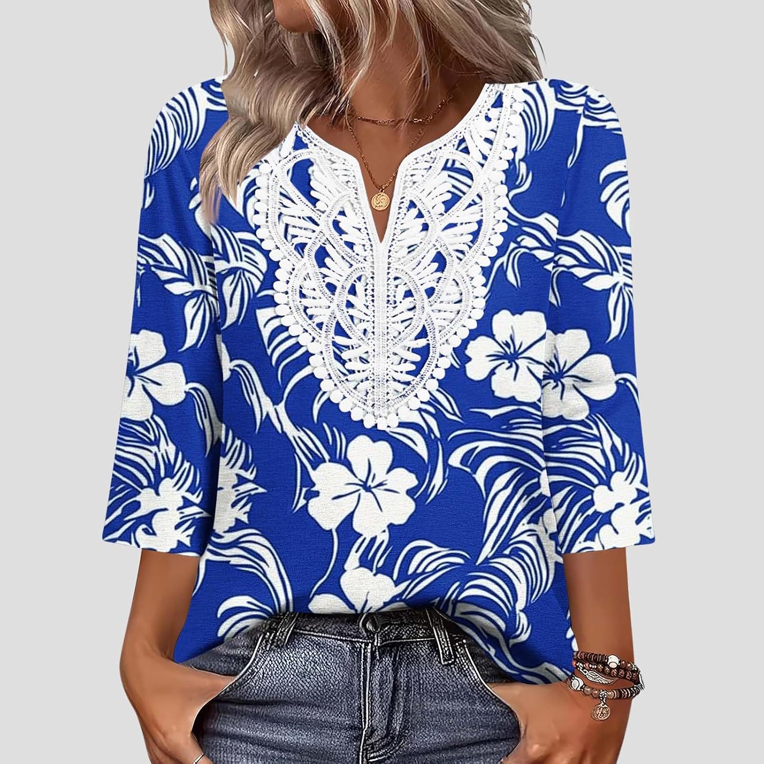 3/4 Length Sleeves Tops for Women's Trendy Boho Style Print V-Neck Loose Comfy T-Shirts Dressy Casual Blouse Top