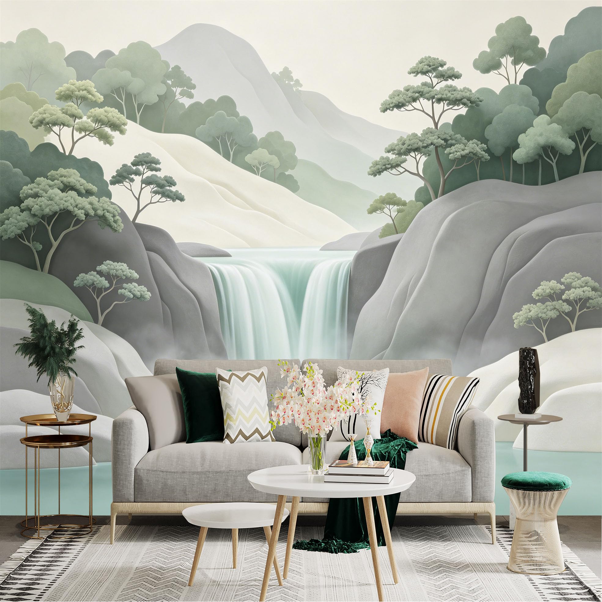 Lnzczhyre Dbh260521142 Custom Size Wall Sticker Mural， Serene Waterfall Landscape， Misty Mountains， Zen Nature Scenery， Soft Green Tones， For Wall Decoration， Peelandstick Wall Decals.