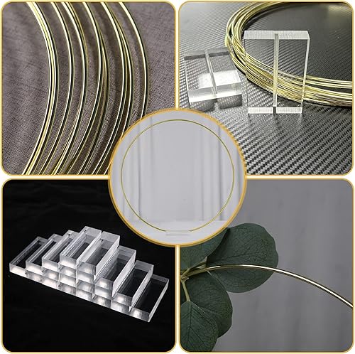 Miniatura 4 de YALLOVE 10 piezas de centro de mesa de aro floral de 14 pulgadas, soporte de anillo de corona de metal dorado con base acrílica transparente para