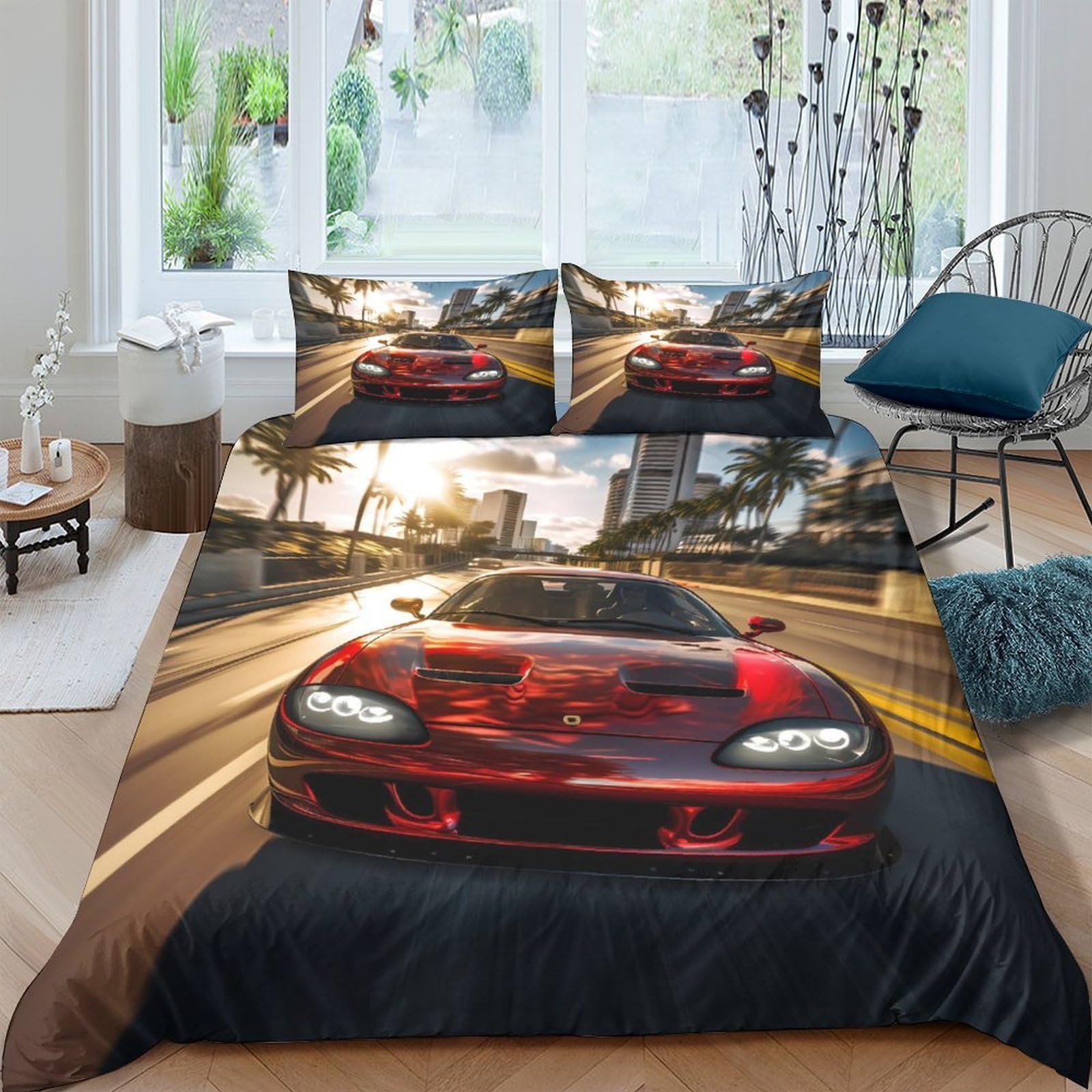 Ctjqhvkz Style-4 3D Printed Red Sports Car Fitted Sheet Microfiber Soft Breathable Street Racing Bed Cover For Bedroom Dorm Mattress Decor Single（135X200cm）