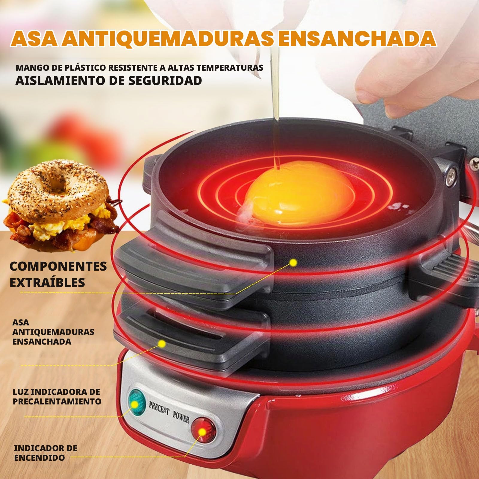 Sandwichera Eléctrica Tostadora De Sándwich, Con Temporizador De Cuenta Atrás Digital, Apto Para Lavavajillas, Perfecto Para Hamburguesas, Refrigerios Y Desayunos Rápidos (Rojo)