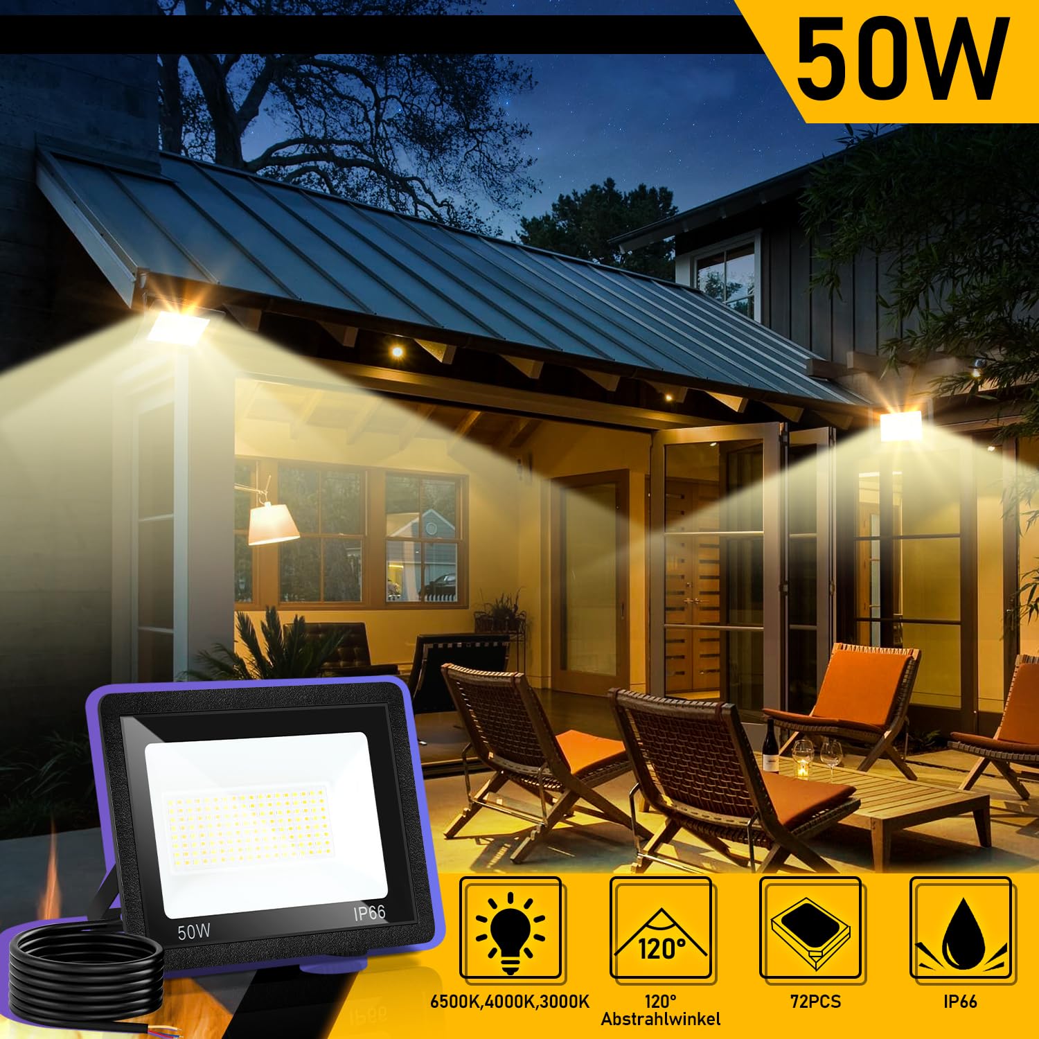 50W 10x LED Focos para exteriores, 3 ajustable temperatura de color, LED iluminación de pared proyector ángulo de haz 120 °, IP66 impermeable LED de luz de pared, para patio campo de deportes