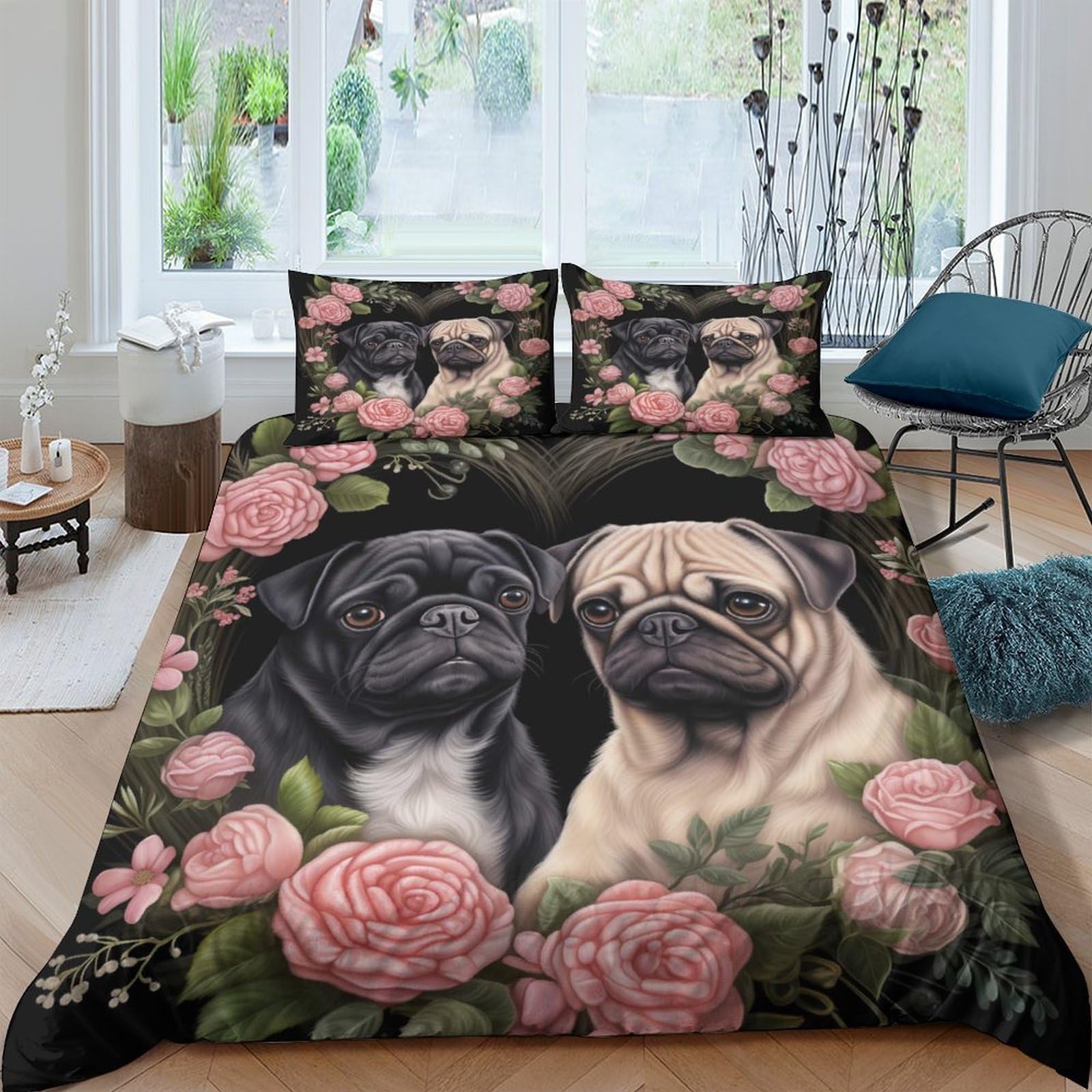 XFKLYNVCJ 3D Printed Pug dogs Comforter Cover Microfiber Romantic floral design Bed Cover Stain Resistant Quick Drying Couples Home Bedding Use Single（135x200cm）