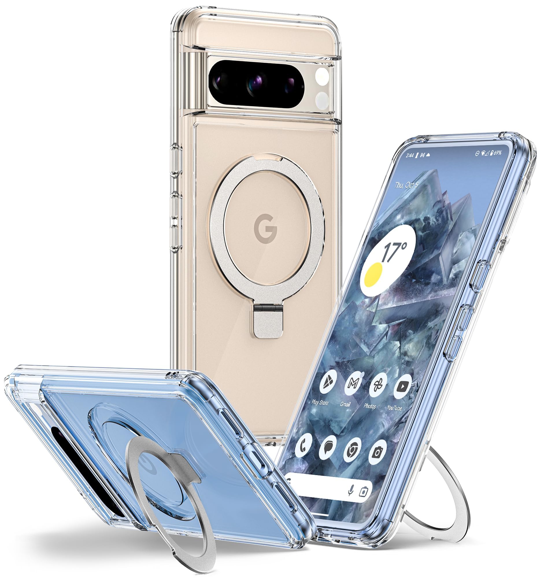 Google Pixel 6A 用 ケース クリア Magsafe対応【Magsafeリングスタンド ホルダー】グーグル ピクセル6A カバー スタンド機能 縦横両対応 HILEGENER スマホケース 耐衝撃 Pixel 6A 透明 隠しスタンドケース ワイアレス充電