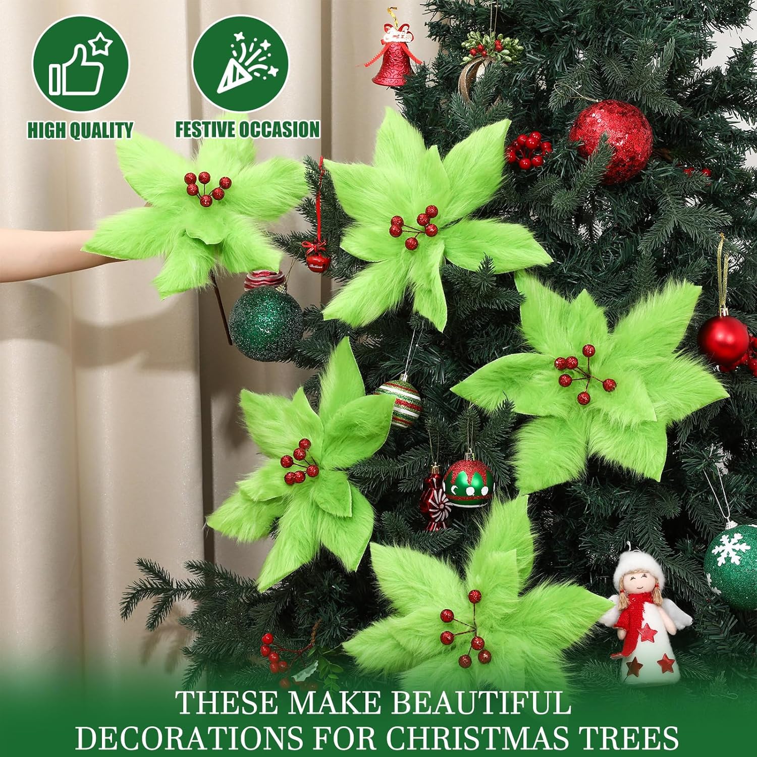 Chunyin 8 Pcs Christmas Poinsettia Plush Christmas Tree Flowers Artificial Faux Flowers Decoration Christmas Tree Picks Poinsettia Ornaments for Xmas New Year Home Outdoor Decoration (Green)
