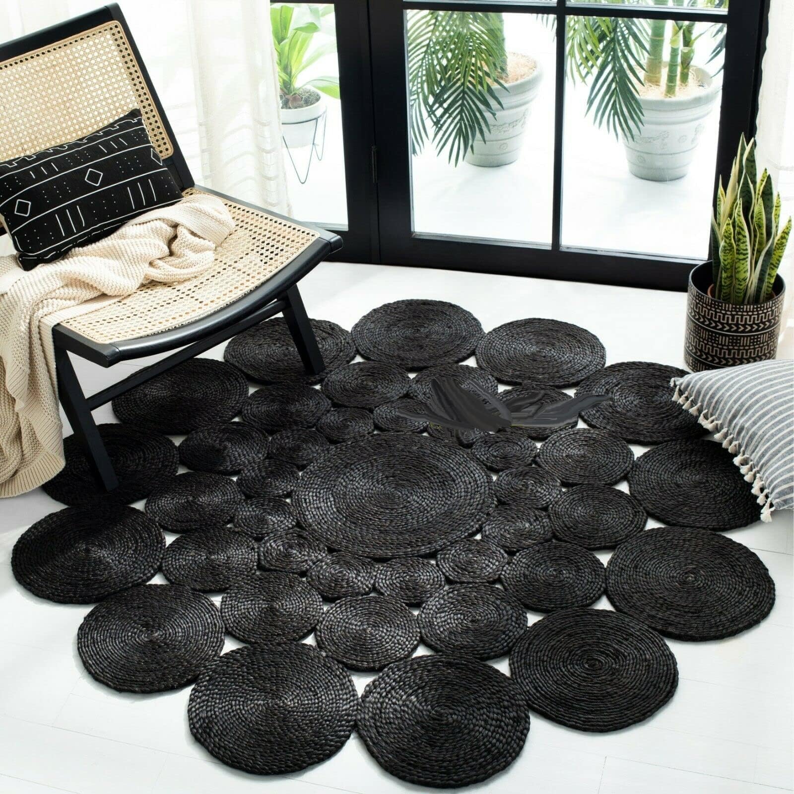 Avgari Creation Circle Design Round Natural Jute Handmade Braided Area Rug Living room, Kitchen, Indoor Outdoor Carpet Rug (180x180 CM (6x6 Square Feet), Black)