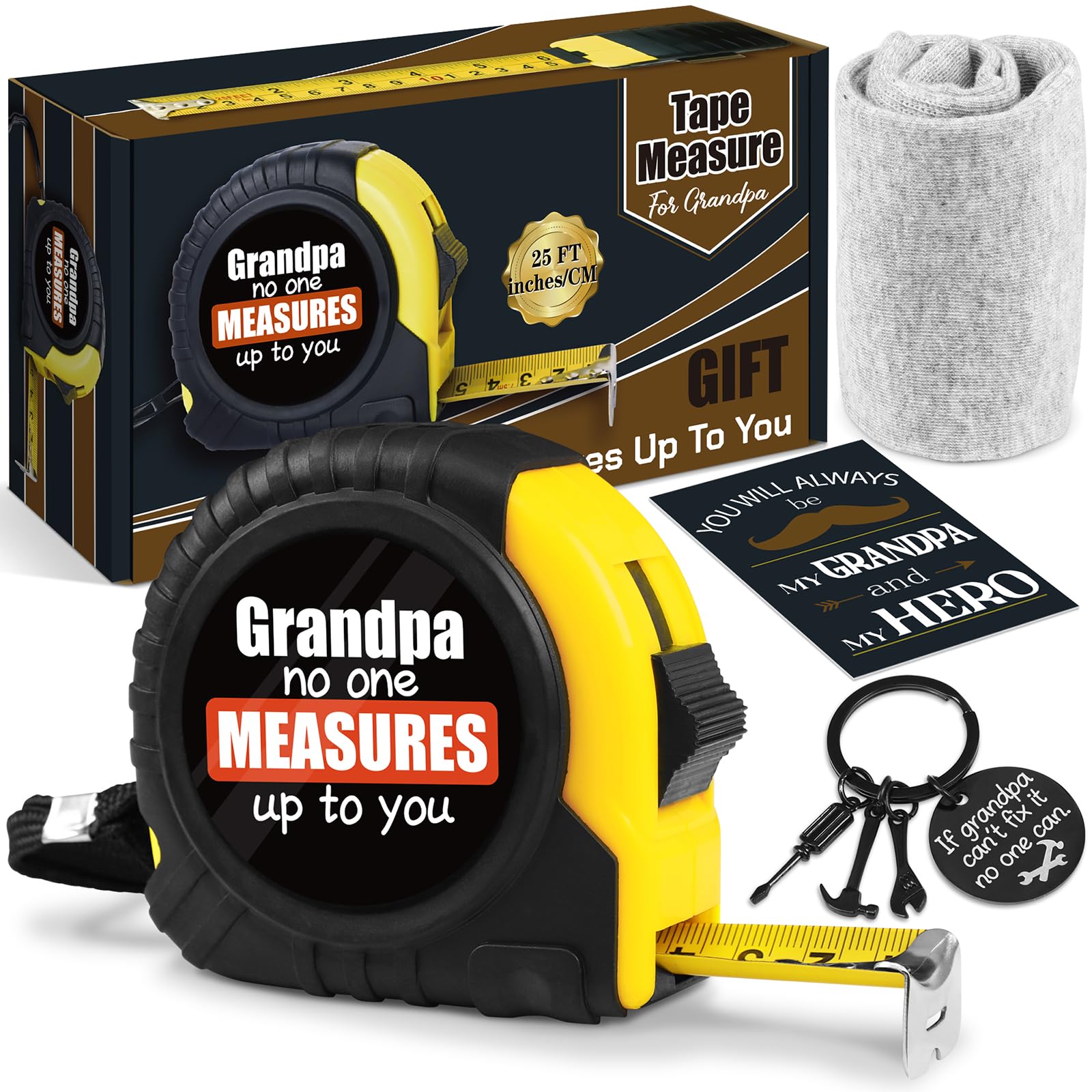 Grandpa Fathers Day Tape Measure + Keychain Gift from Grandchildren, Grandkids - No One Measures Up to You for Grandfather Birthday Gifts (25FT?Printed on Sticker)