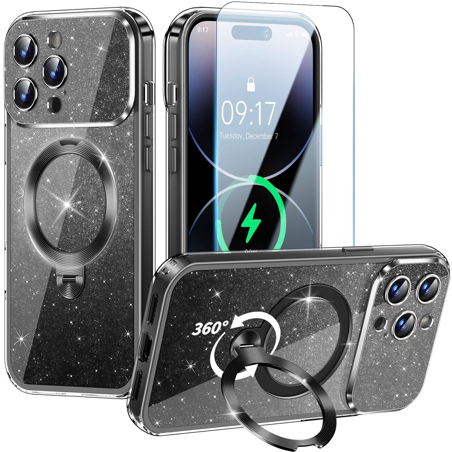 [Diseño magnético con purpurina y protección completa de la cámara] Funda para iPhone 13 Pro con soporte de CD giratorio de 360°, compatible con MagSafe [protector de pantalla] a prueba de golpes y