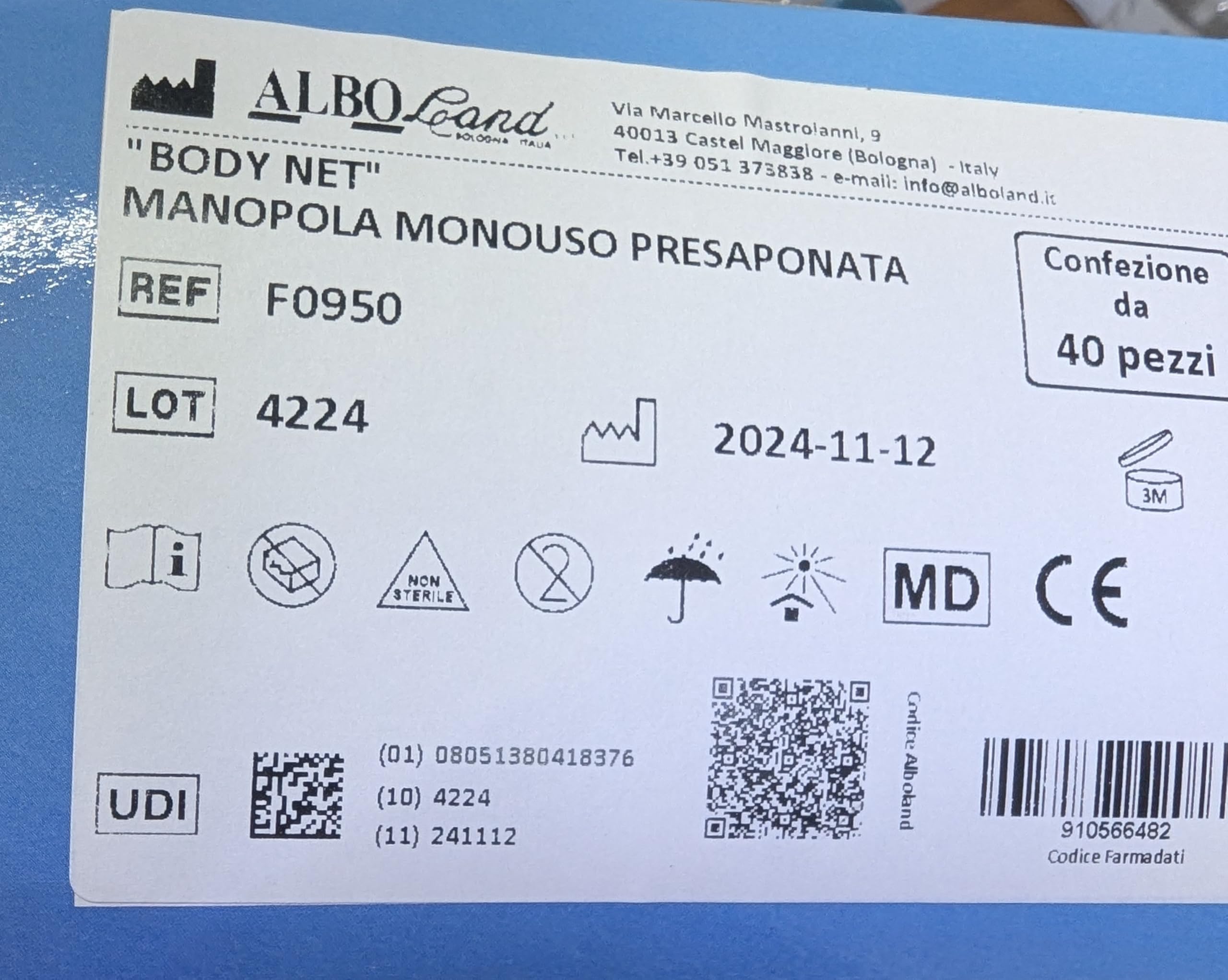 40 poignées présavonnées jetables pour hygiène personnelle trempées avec détergent PH 5.5 Body Net Alboland F0950