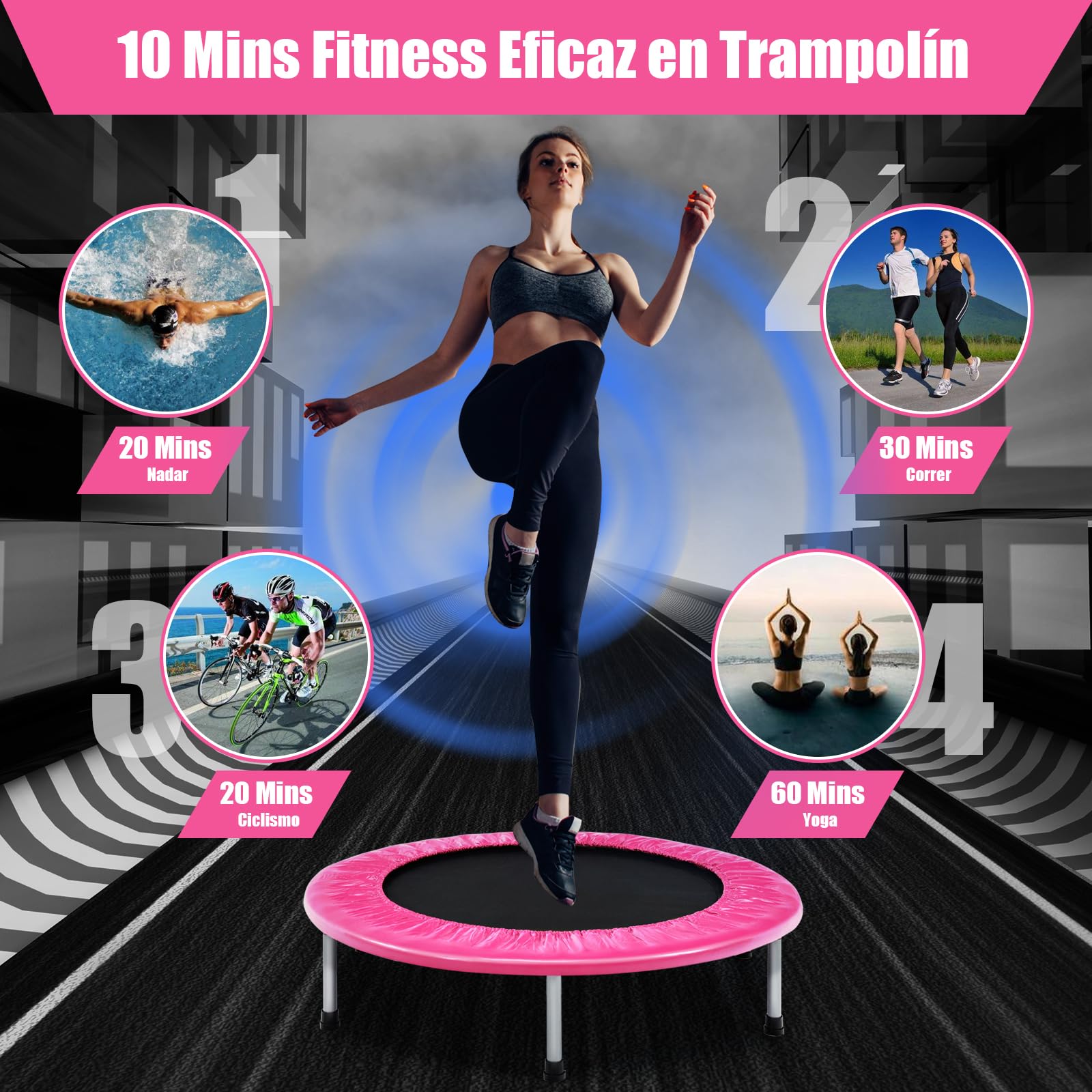 GOPLUS Mini Trampolín Fitness Plegable, Silencioso Trampolín Deportivo para Interior y Exterior con Alfombra de Seguridad, Carga Máxima 150KG, para Adultos y Niños