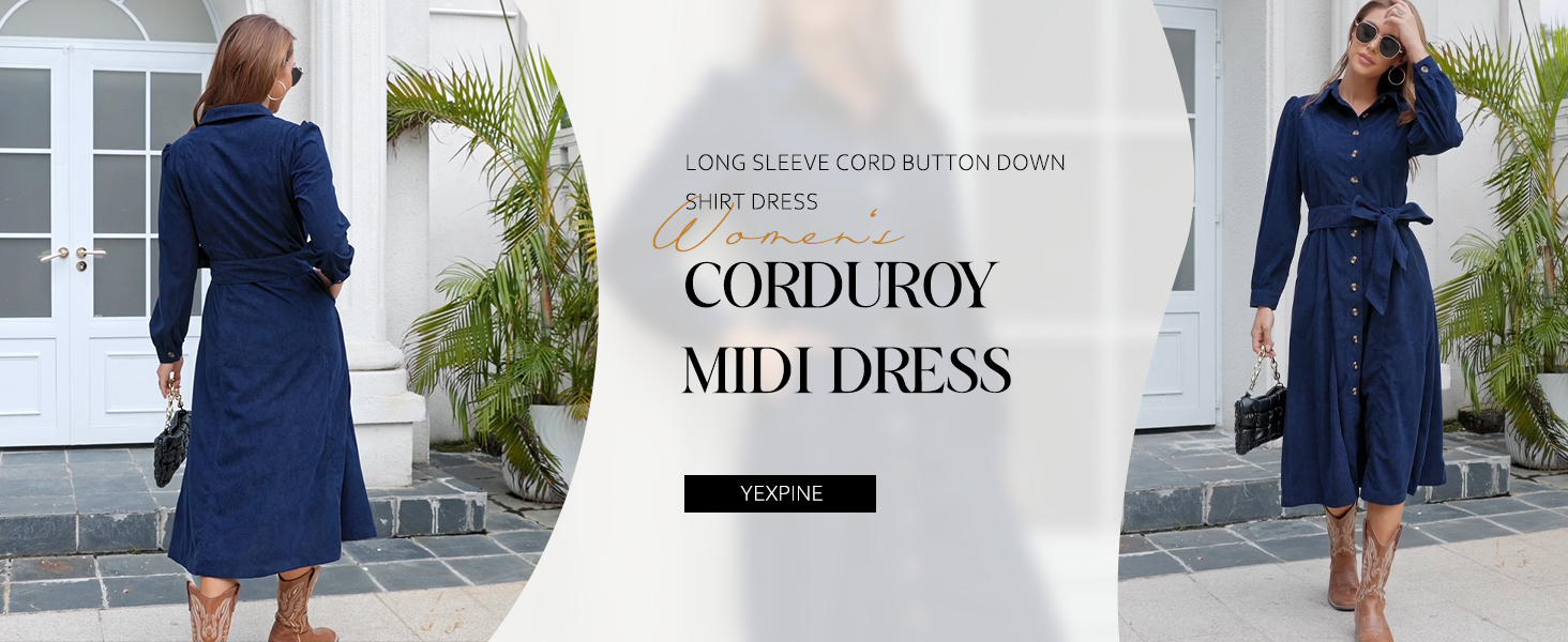 YEXPINE Women's Corduroy Maxi Dress Long Sleeve Cord Button Down