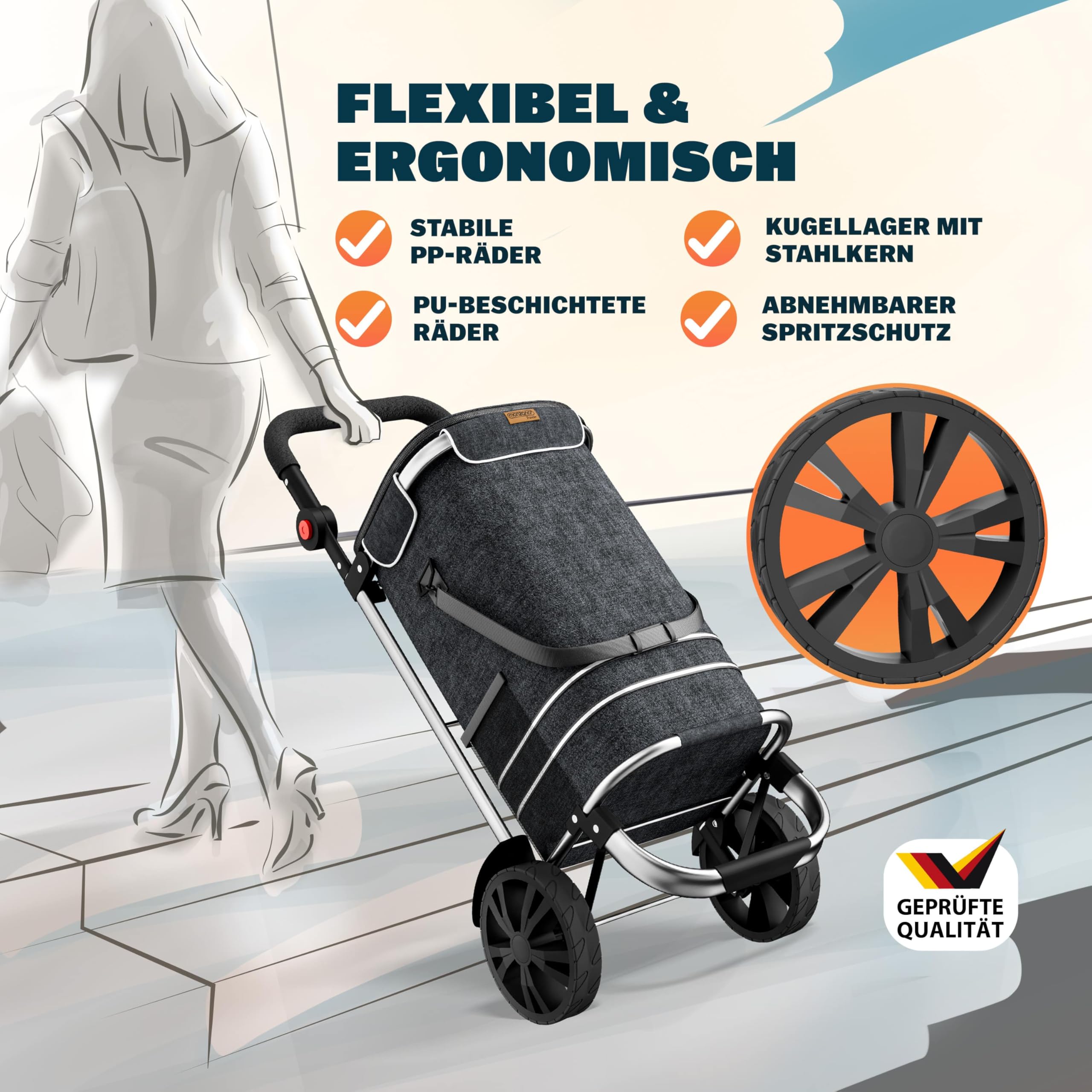 MONZANA® 3in1 Einkaufstrolley 56L bis 50 kg klappbar abnehmbare Tasche Handwagen Einkaufswagen Einkaufshilfe Roller Schwarz