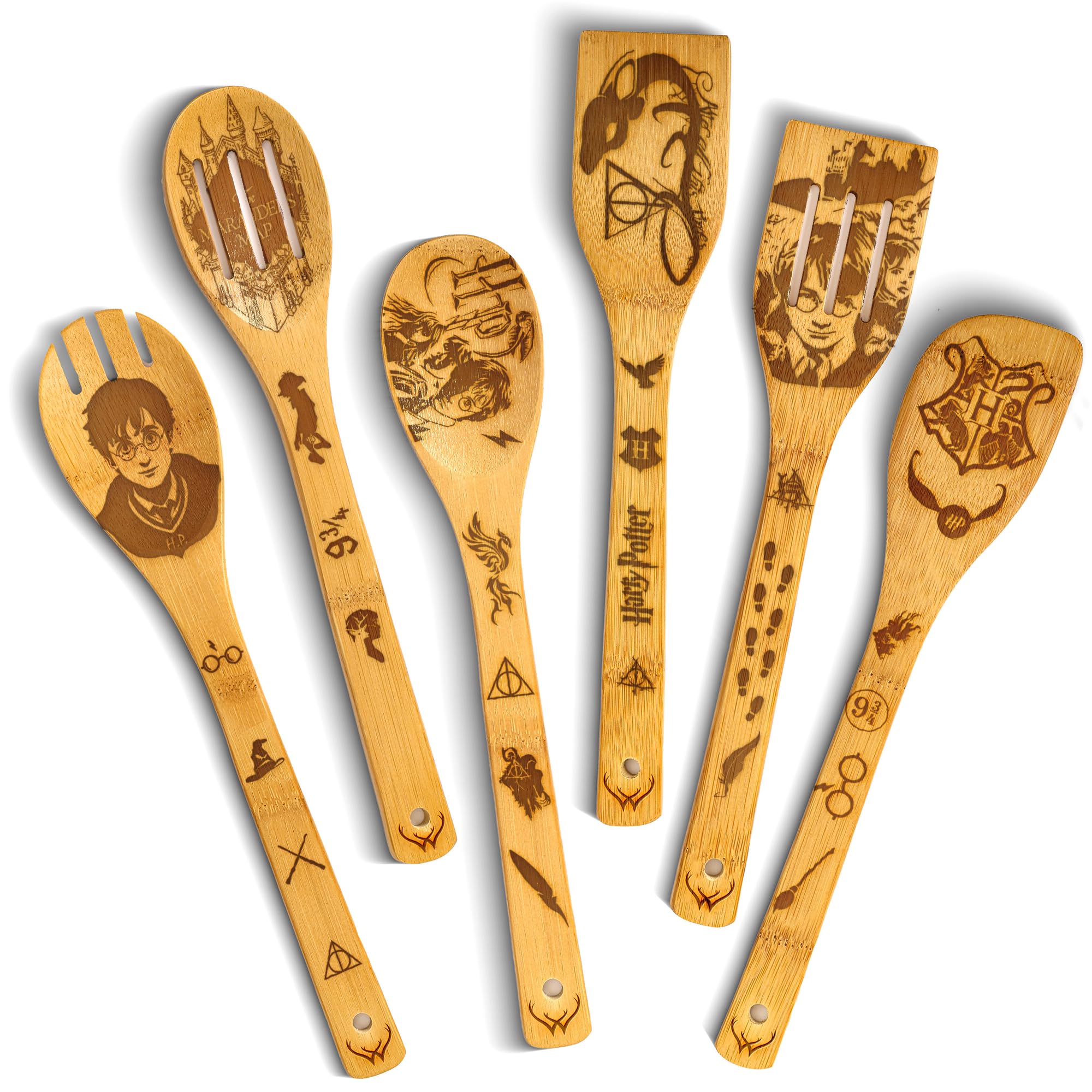 Harry Gifts for All Potter Fans Wooden Spoons for Cooking - 6-Piece Wooden Utensil Set wi…