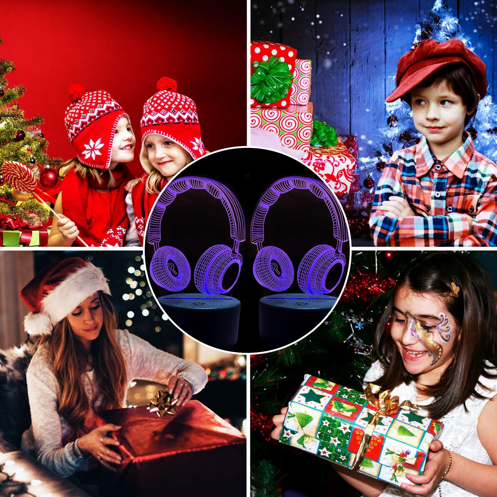 XVZ Luz nocturna 3D para niños, 2 unidades de auriculares de ilusión óptica en 3D, lámpara de ilusión con 16 variaciones de color, lámpara de decoración perfecta para cumpleaños, Navidad y Halloween
