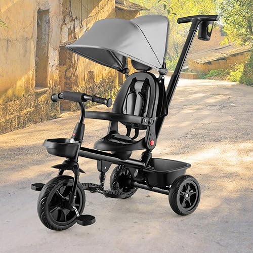 Triciclo 4 en 1 para niños pequeños con barandilla desmontable para niños de 1 a 5 años, triciclo reversible para niños, bicicleta para niños