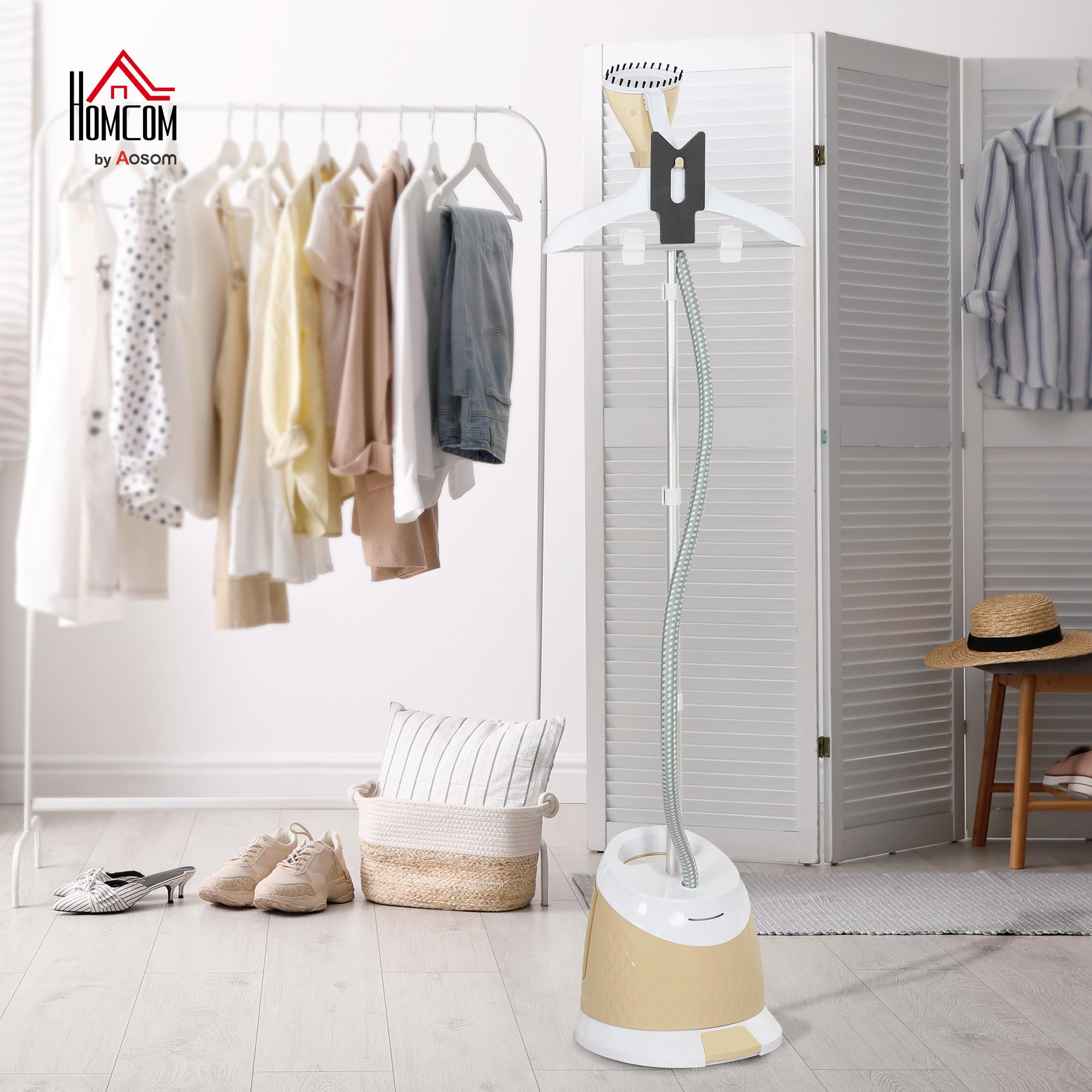 HOMCOM Défroisseur Vapeur Vertical 1800 W 36 g/min, Steamer Prêt en 35s, Repasseur avec Réservoir d'Eau 1,8 L, Tige Télescopique et Plateau Aluminium, Autonomie 50 min, Or