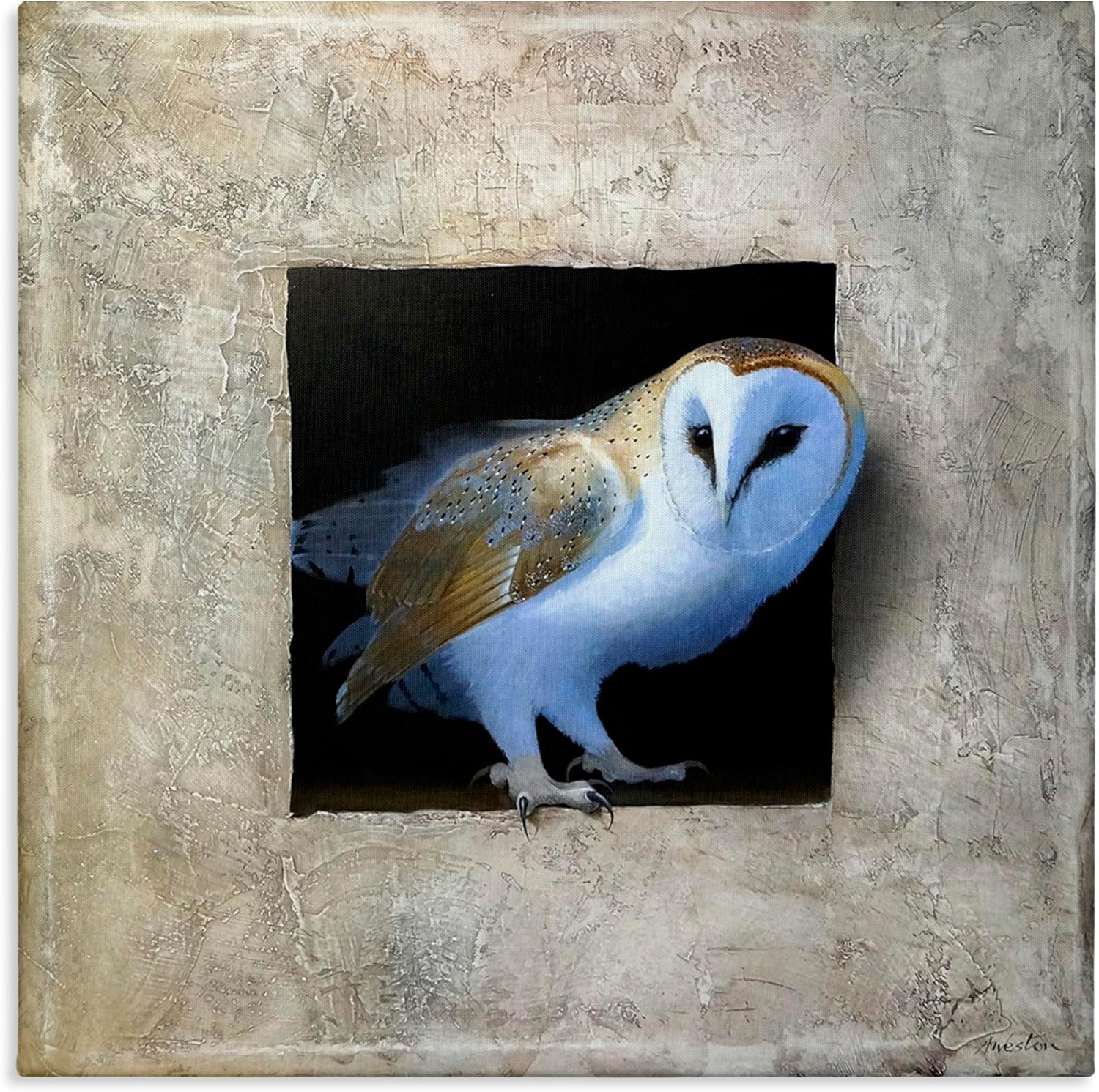 Stupell Industries Mysterious Barn Owl Peering From Darkness Painting, Design by Alan Weston