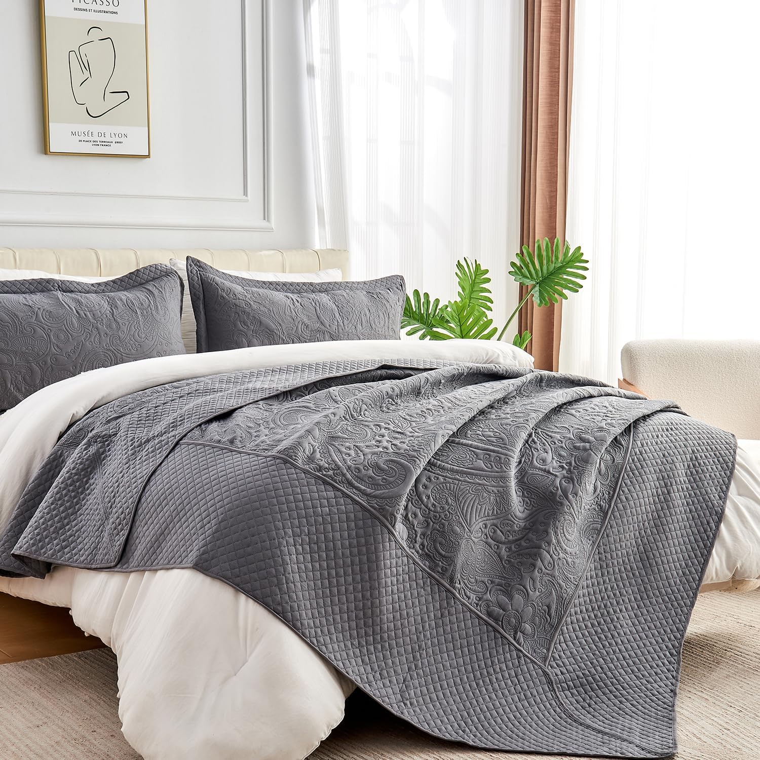 Oversized King Quilt 128x120, California King Bedspread with 2 Pillow Shams, Ultrasonic Quilting Floral Pattern Soft Microfiber Lightweight Extra Large Bedspread, Dark Grey