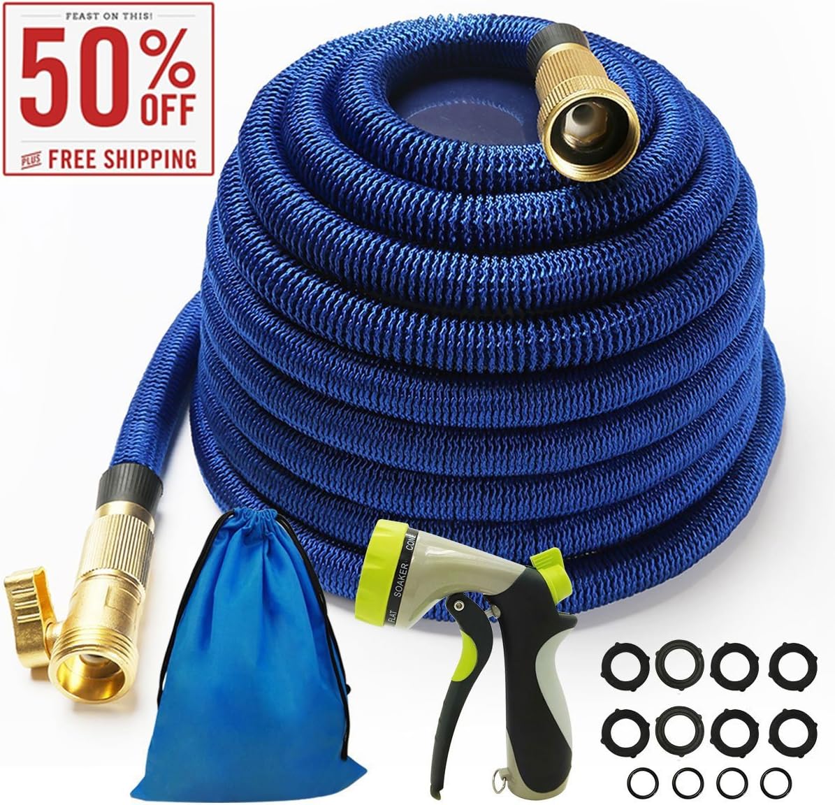 Iserlohn 50ft Expandable Garden Hose with 8 Pattern Spray Nozzle and 12 Pack Washer, Water Hose with Triple Layer Latex Core, Solid Brass Connector, Blue
