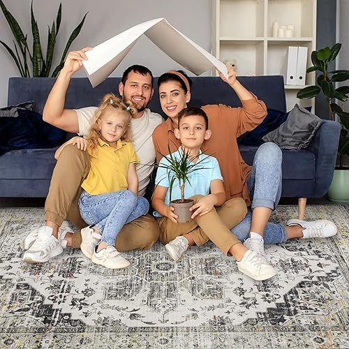 Miniatura 7 de Fashionwu Alfombra lavable de 8 x 10 pies, alfombra geométrica vintage azul para dormitorio y sala de estar, no se desprende, cubierta