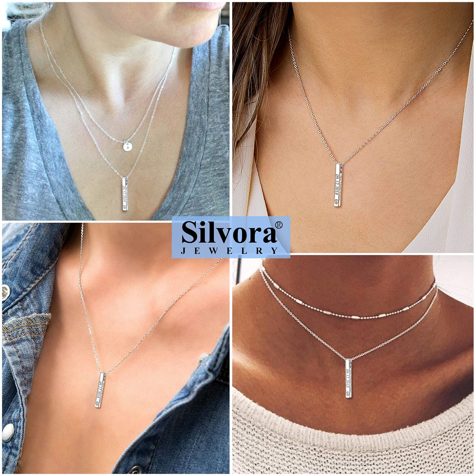 Silvora Halskette mit vertikalem Stab, Sterlingsilber, personalisierbar, schlichter Halsschmuck für Damen und Mädchen